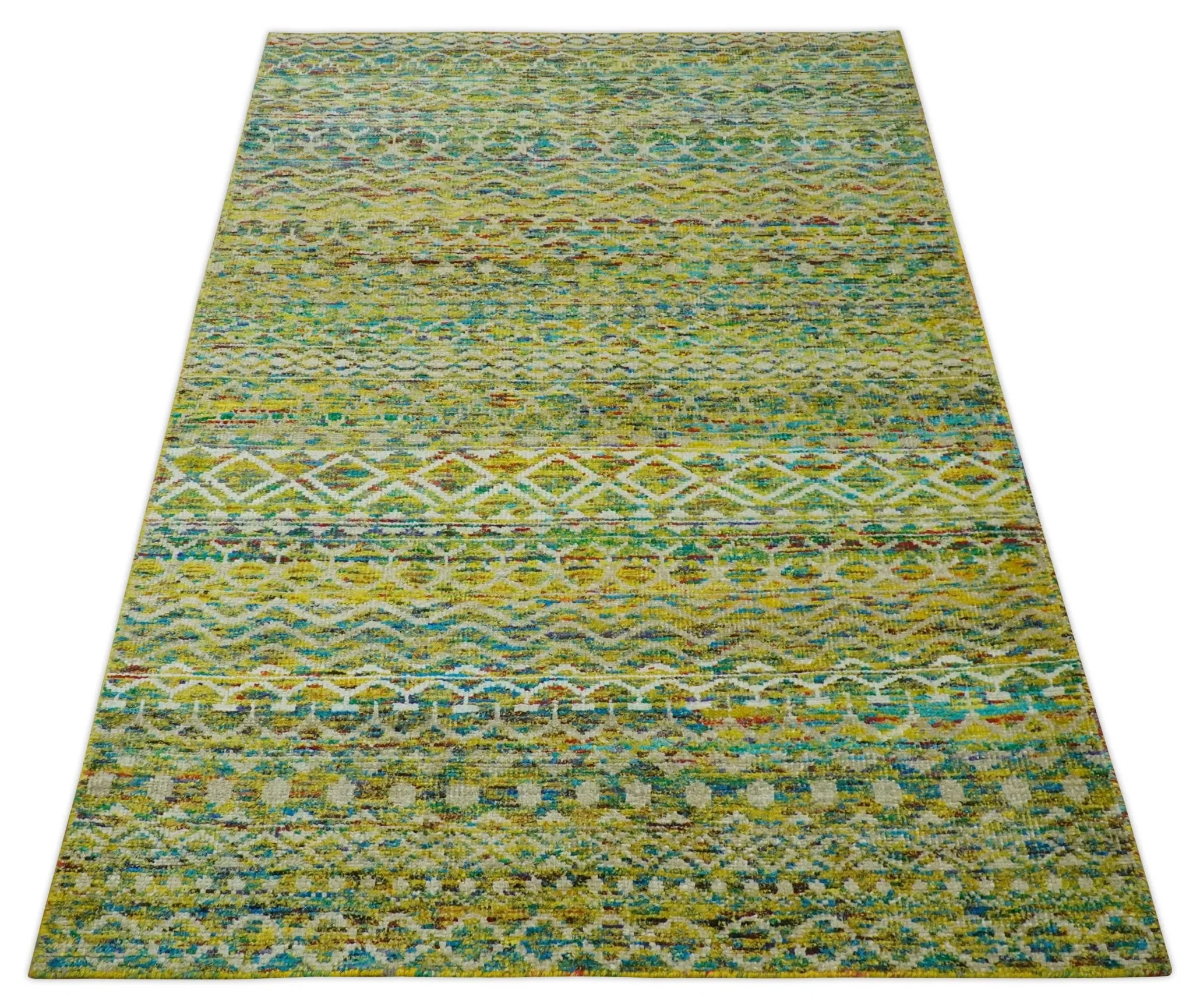 5.6x8.6 Hand Knotted Mustard, Teal and Ivory Southwestern Tribal Trellis wool Rug - Image 4