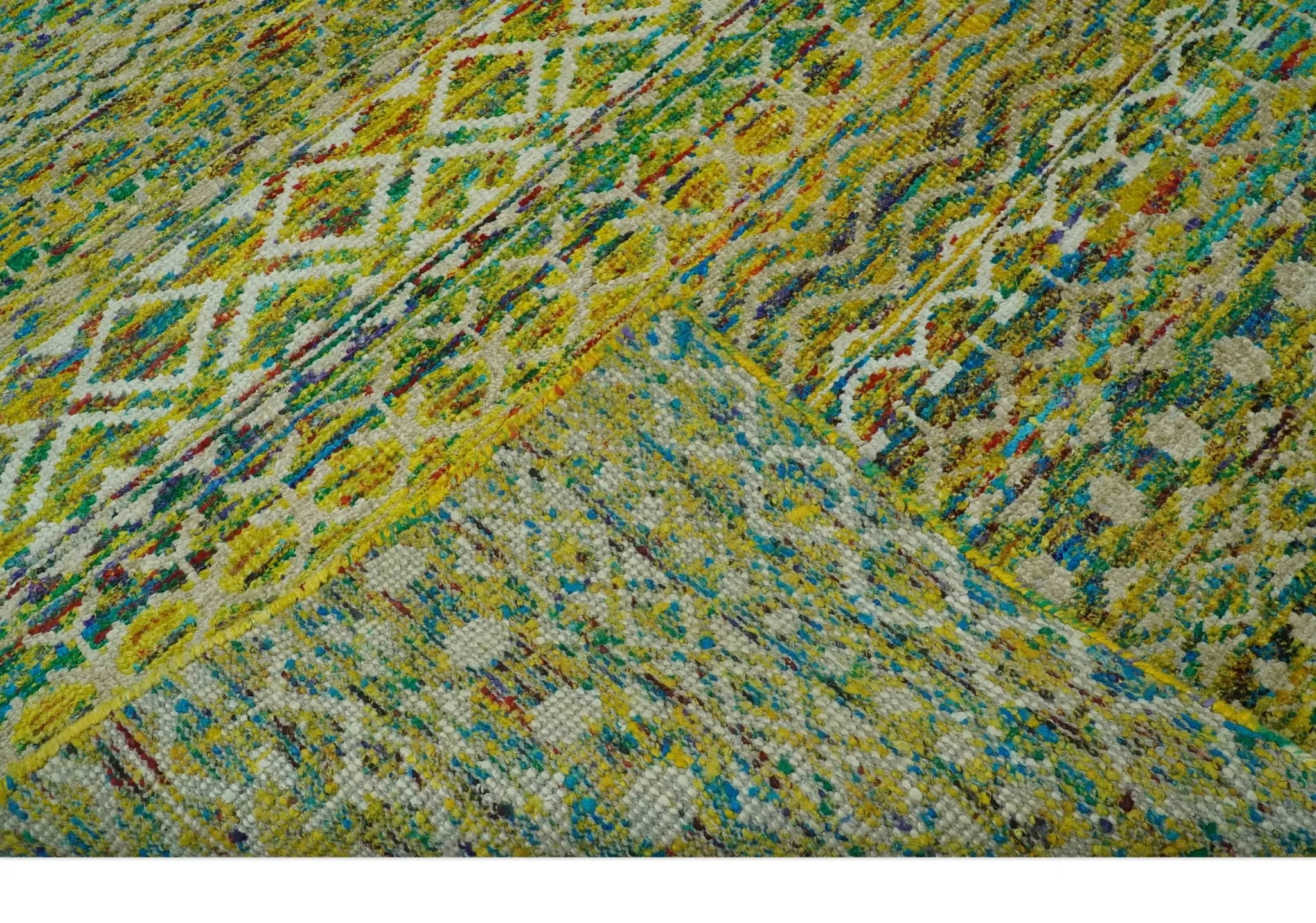5.6x8.6 Hand Knotted Mustard, Teal and Ivory Southwestern Tribal Trellis wool Rug - Image 6