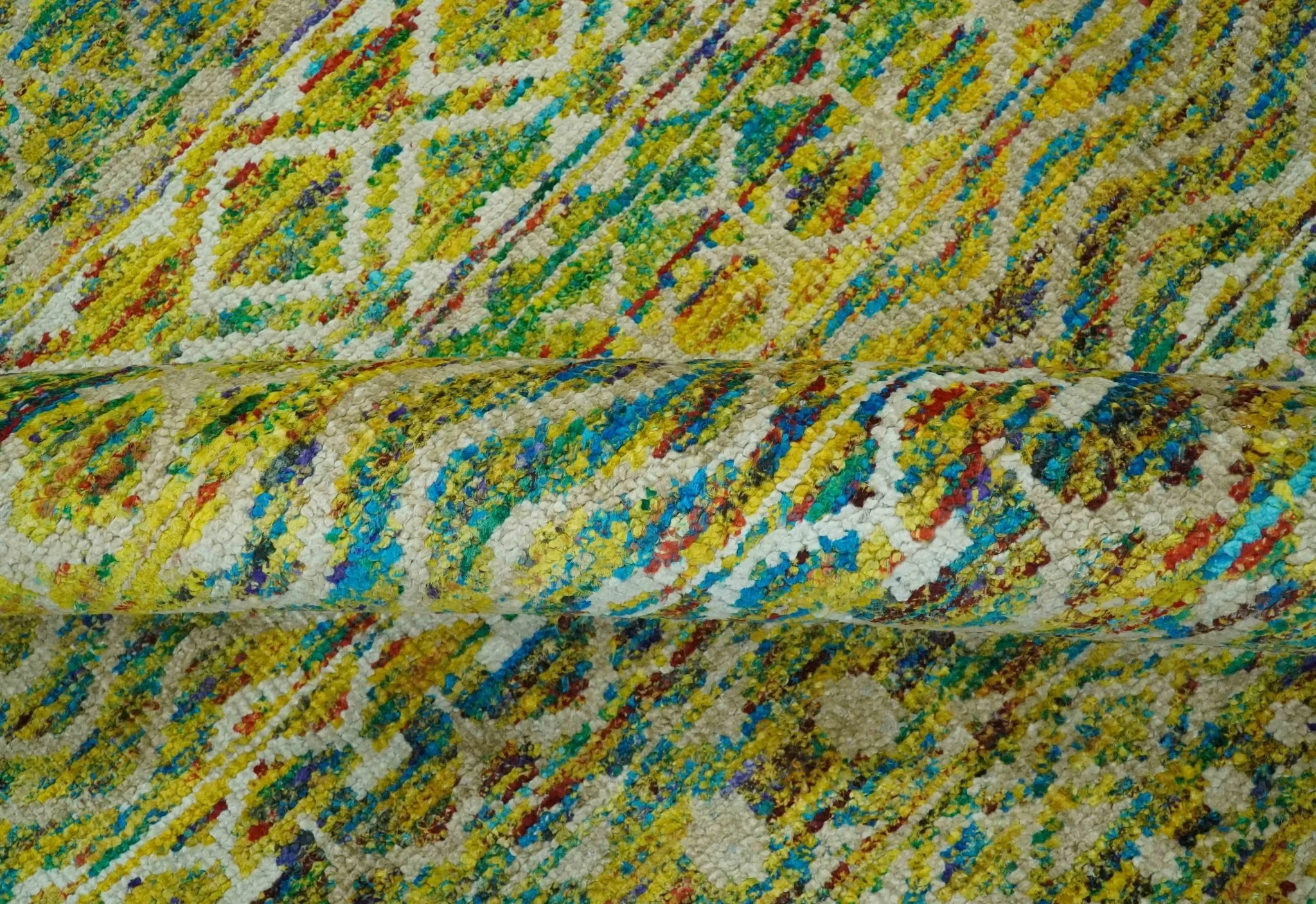 5.6x8.6 Hand Knotted Mustard, Teal and Ivory Southwestern Tribal Trellis wool Rug - Image 7