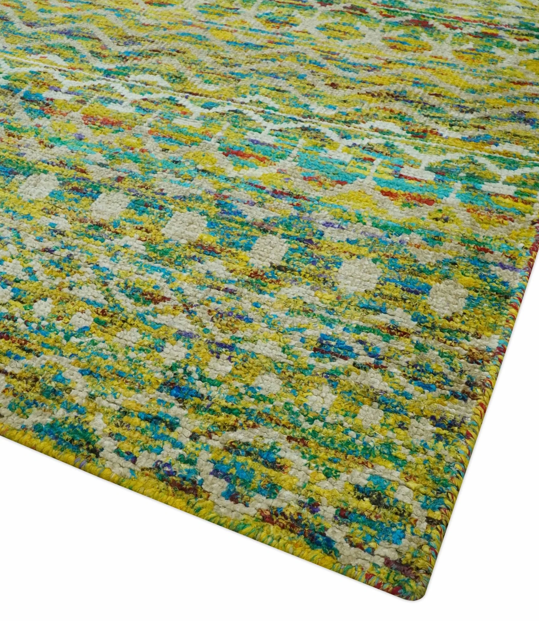5.6x8.6 Hand Knotted Mustard, Teal and Ivory Southwestern Tribal Trellis wool Rug - Image 9