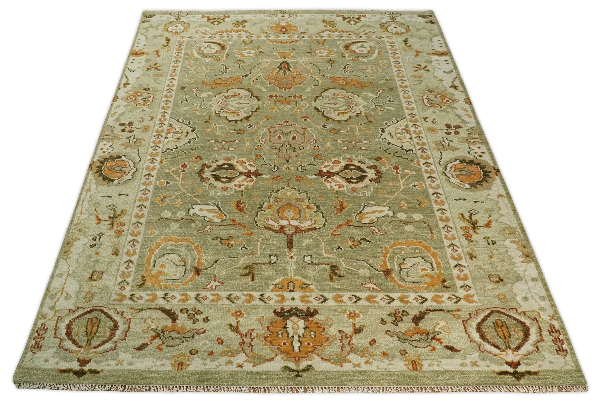 Custom Made Hand Knotted Olive and beige Traditional Vintage Style Antique Wool Rug - Image 10