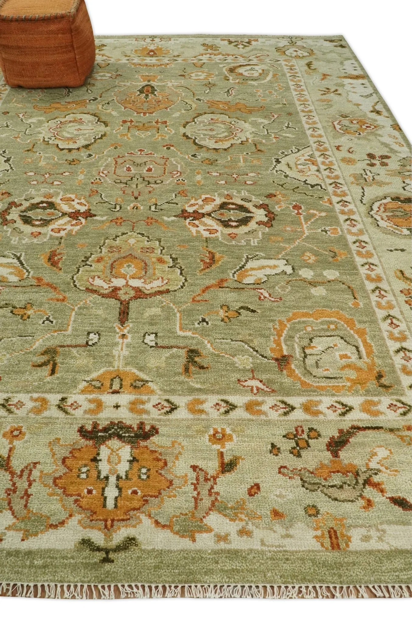 Custom Made Hand Knotted Olive and beige Traditional Vintage Style Antique Wool Rug - Image 6