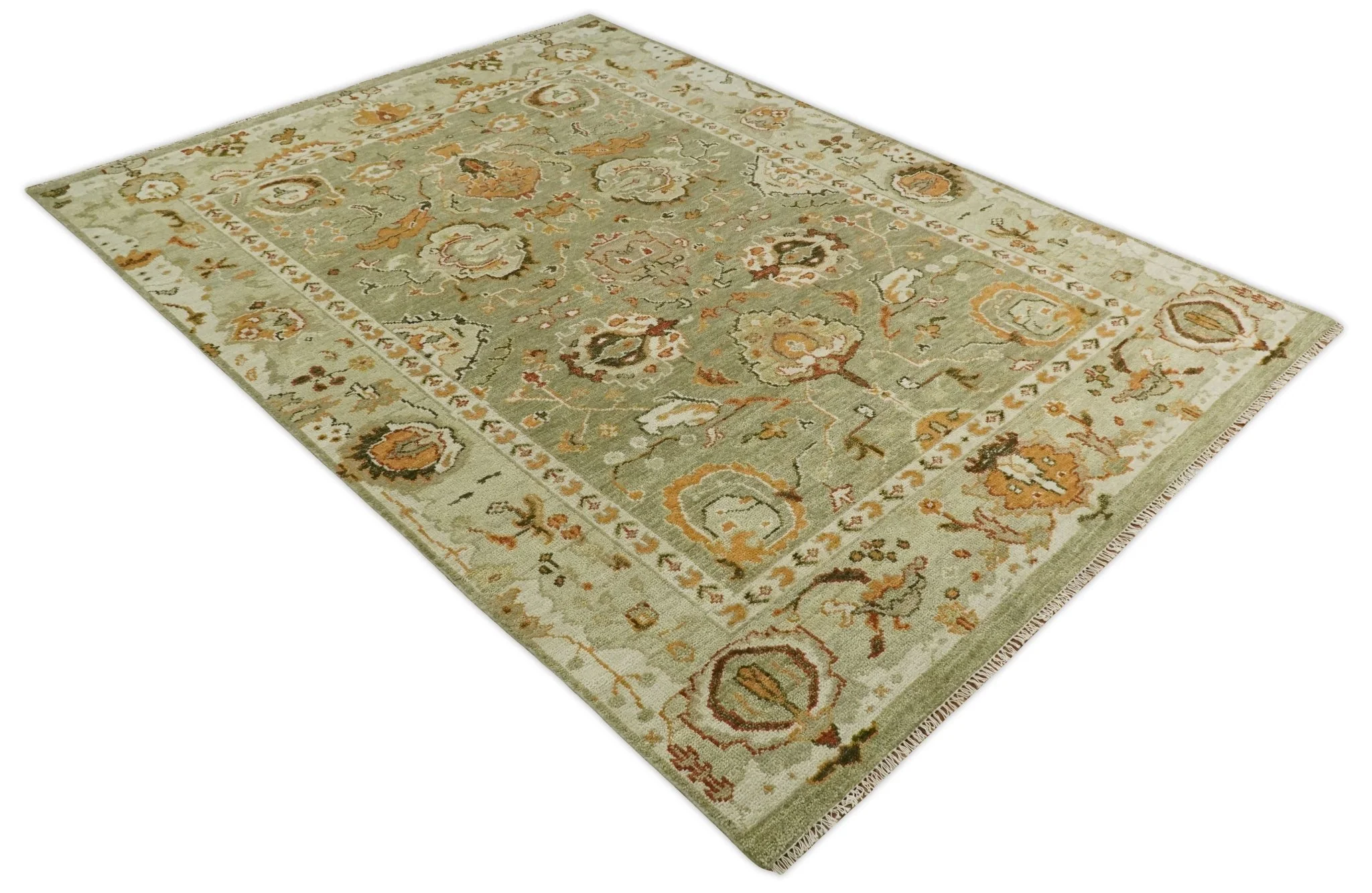 Custom Made Hand Knotted Olive and beige Traditional Vintage Style Antique Wool Rug - Image 9