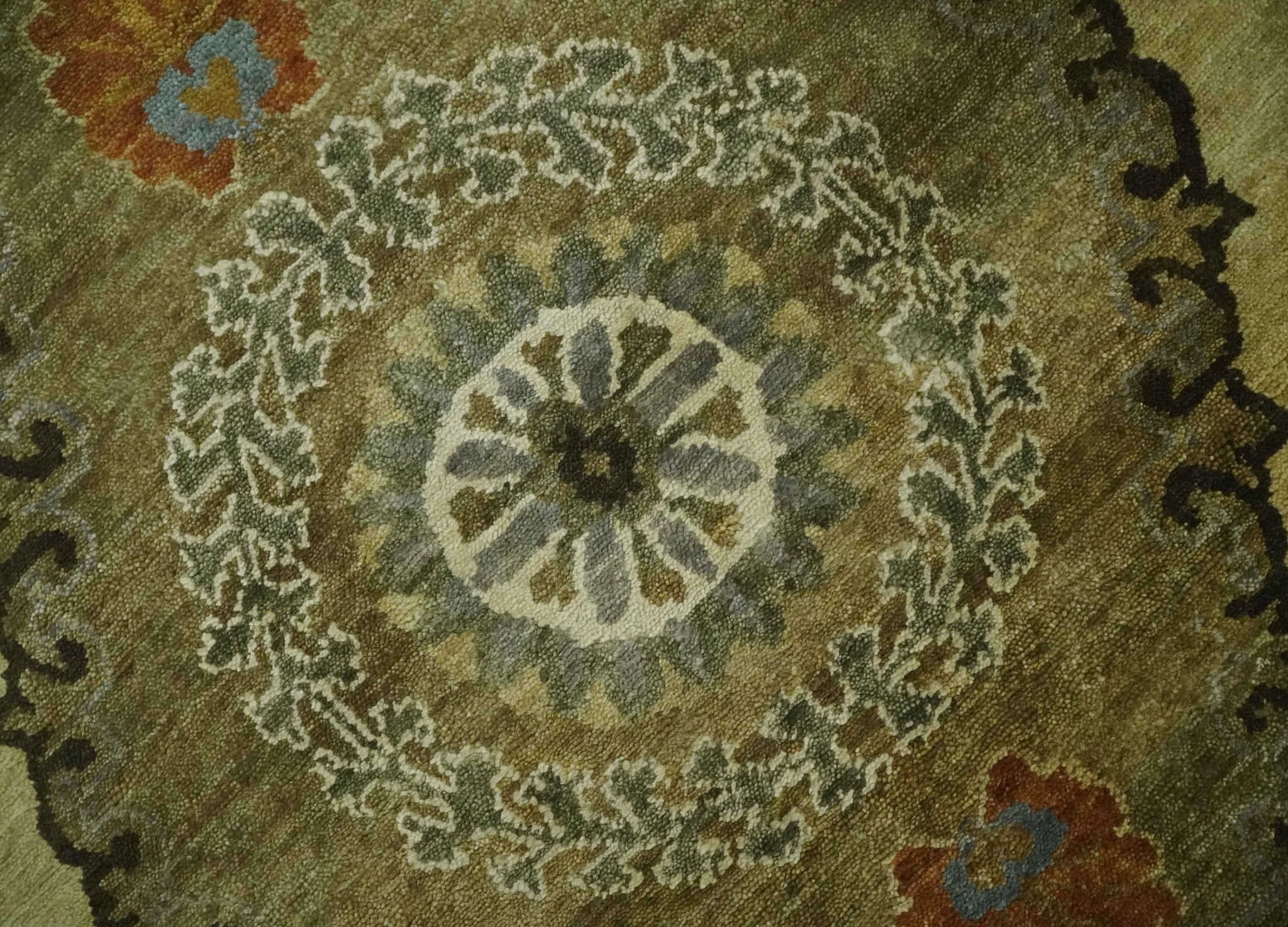 Oriental Floral Hand knotted Olive and Green 8x10 and 8.7x11.8 wool Area Rug - Image 4