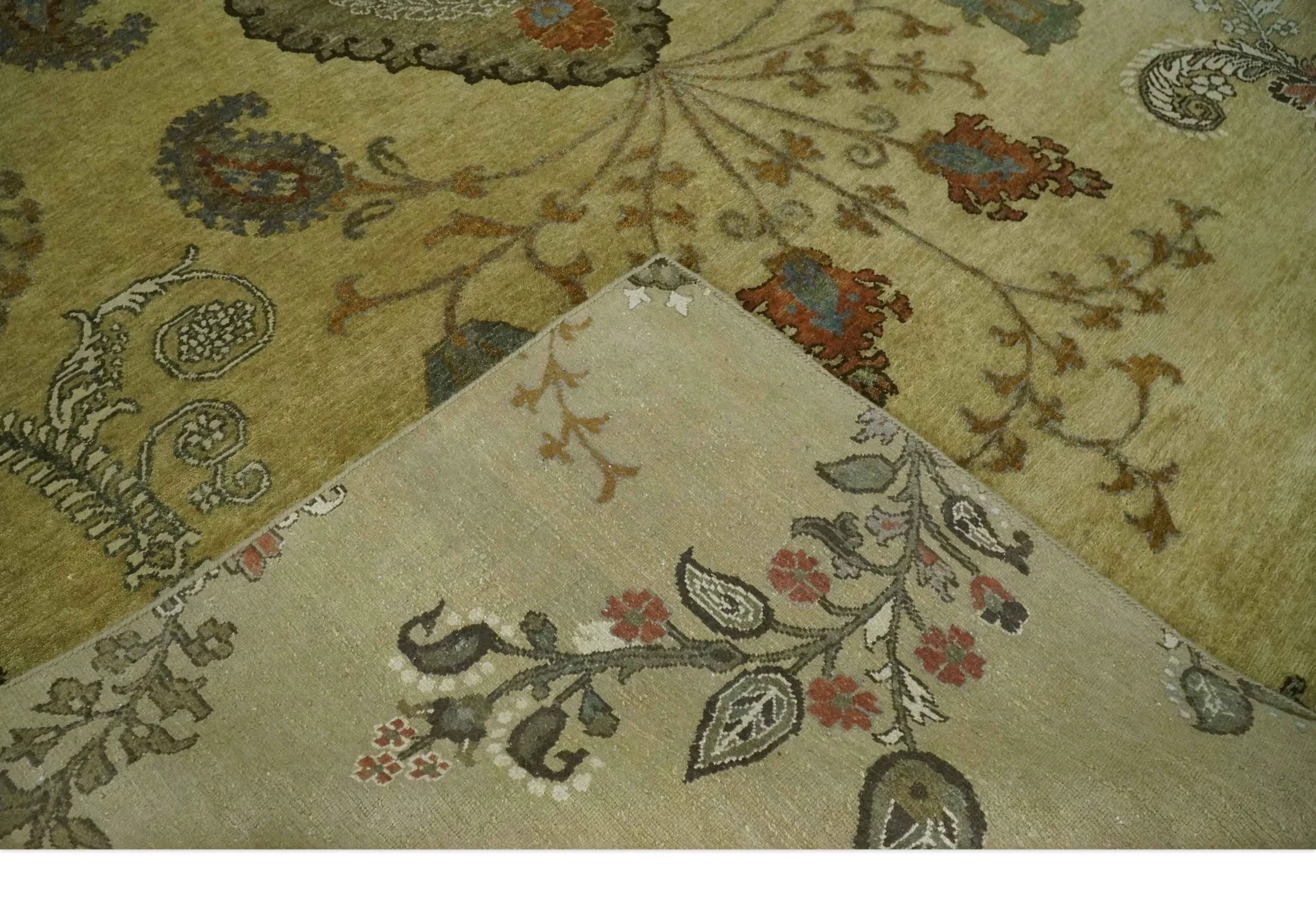 Oriental Floral Hand knotted Olive and Green 8x10 and 8.7x11.8 wool Area Rug - Image 6