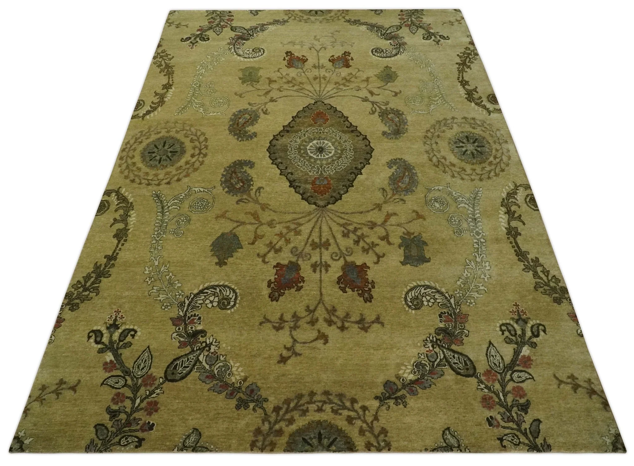 Oriental Floral Hand knotted Olive and Green 8x10 and 8.7x11.8 wool Area Rug - Image 9