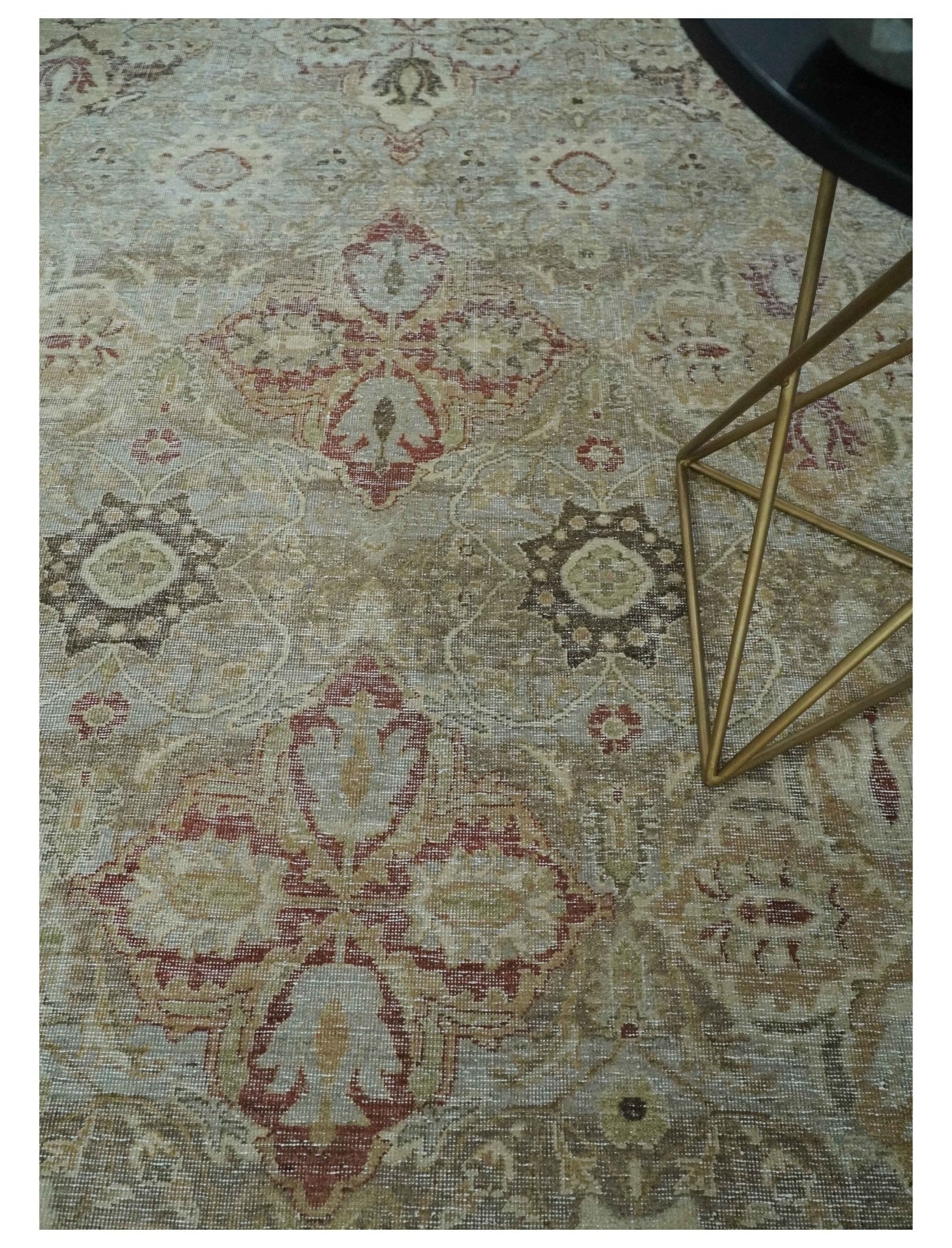 Custom Made Hand Knotted Olive and Rust Distressed Traditional Antique Look Wool Rug - Image 2