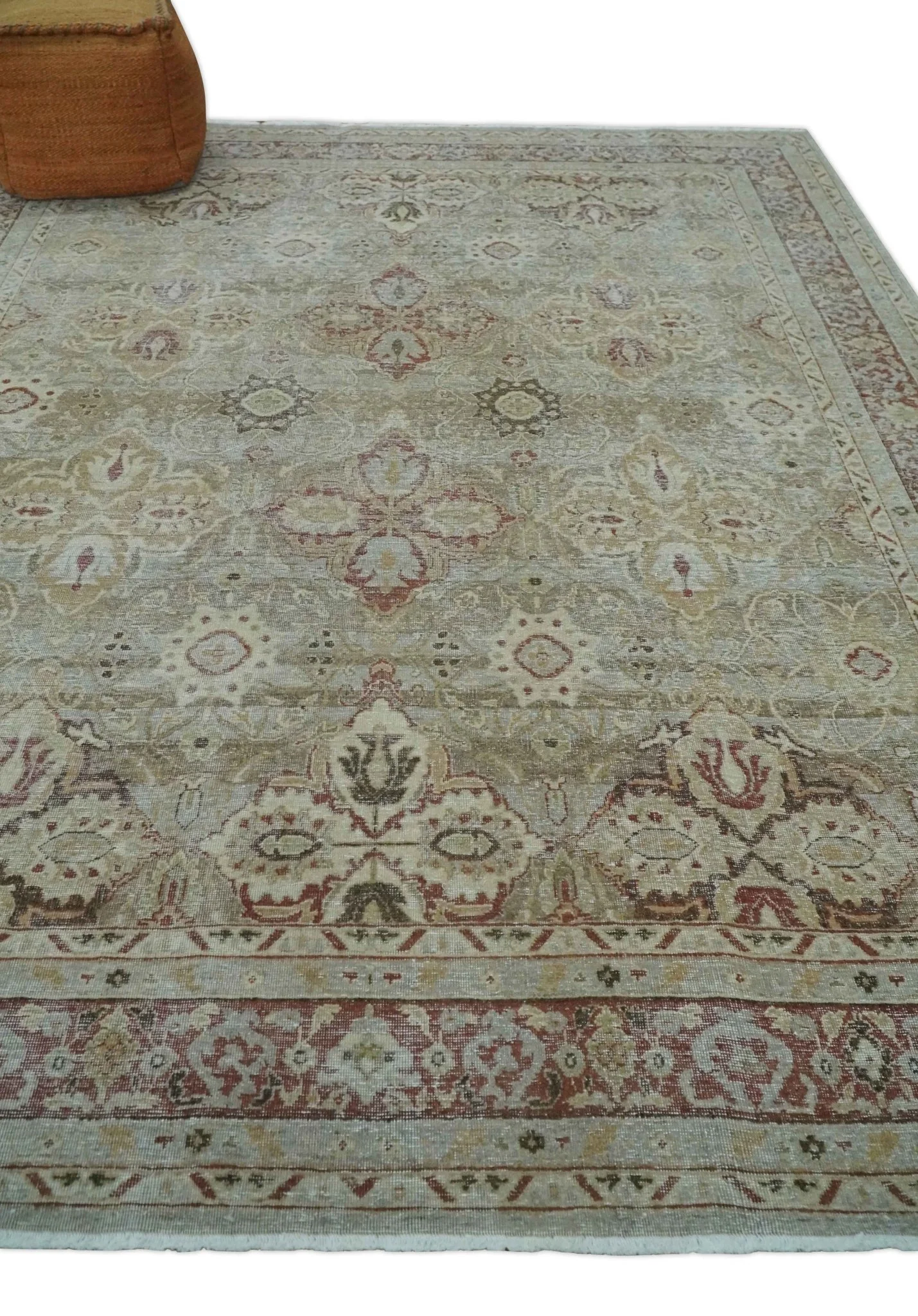 Custom Made Hand Knotted Olive and Rust Distressed Traditional Antique Look Wool Rug - Image 3
