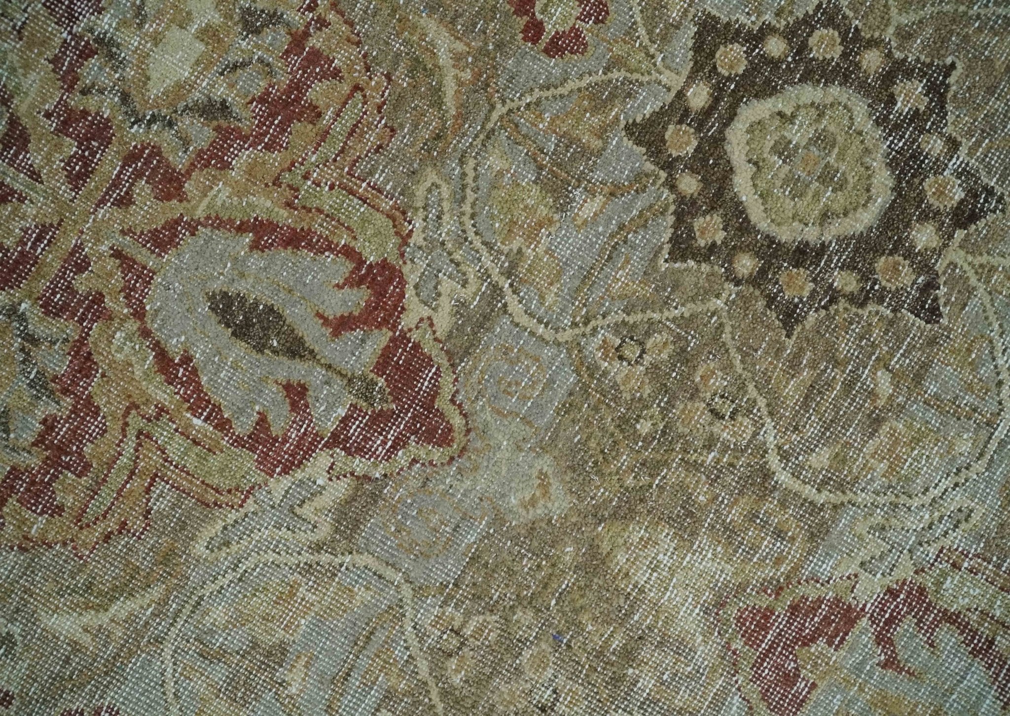 Custom Made Hand Knotted Olive and Rust Distressed Traditional Antique Look Wool Rug - Image 4