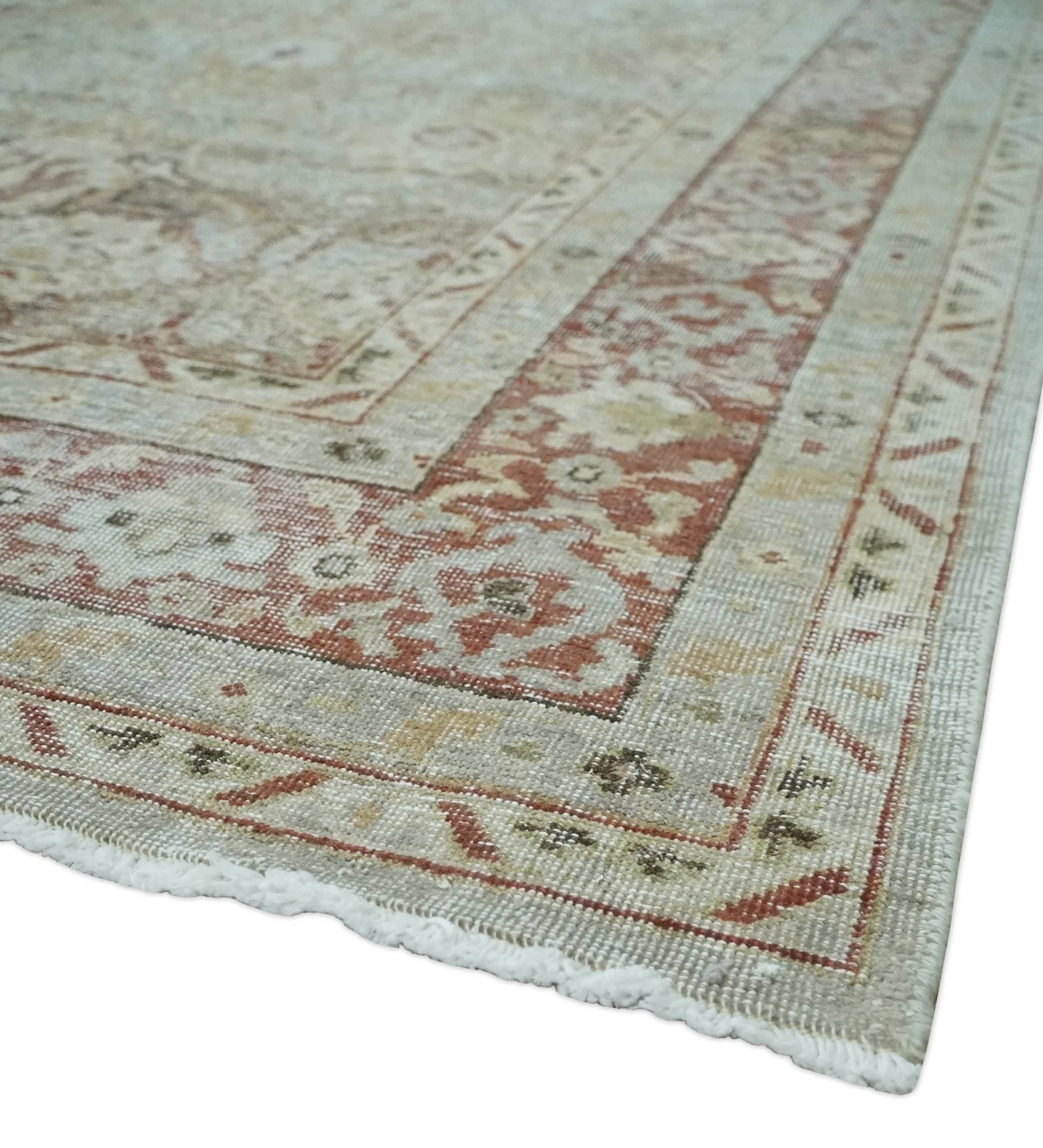 Custom Made Hand Knotted Olive and Rust Distressed Traditional Antique Look Wool Rug - Image 5
