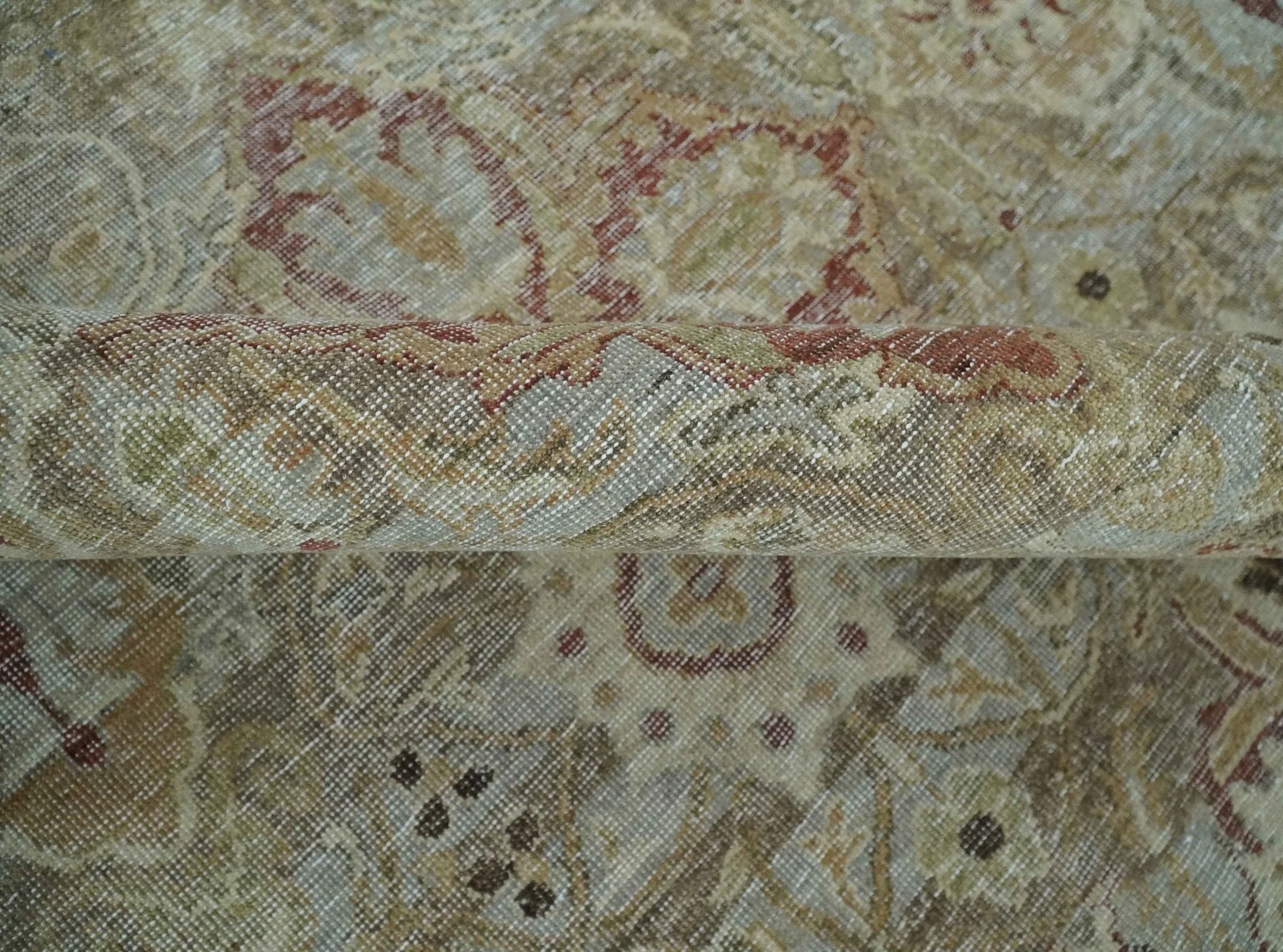 Custom Made Hand Knotted Olive and Rust Distressed Traditional Antique Look Wool Rug - Image 6