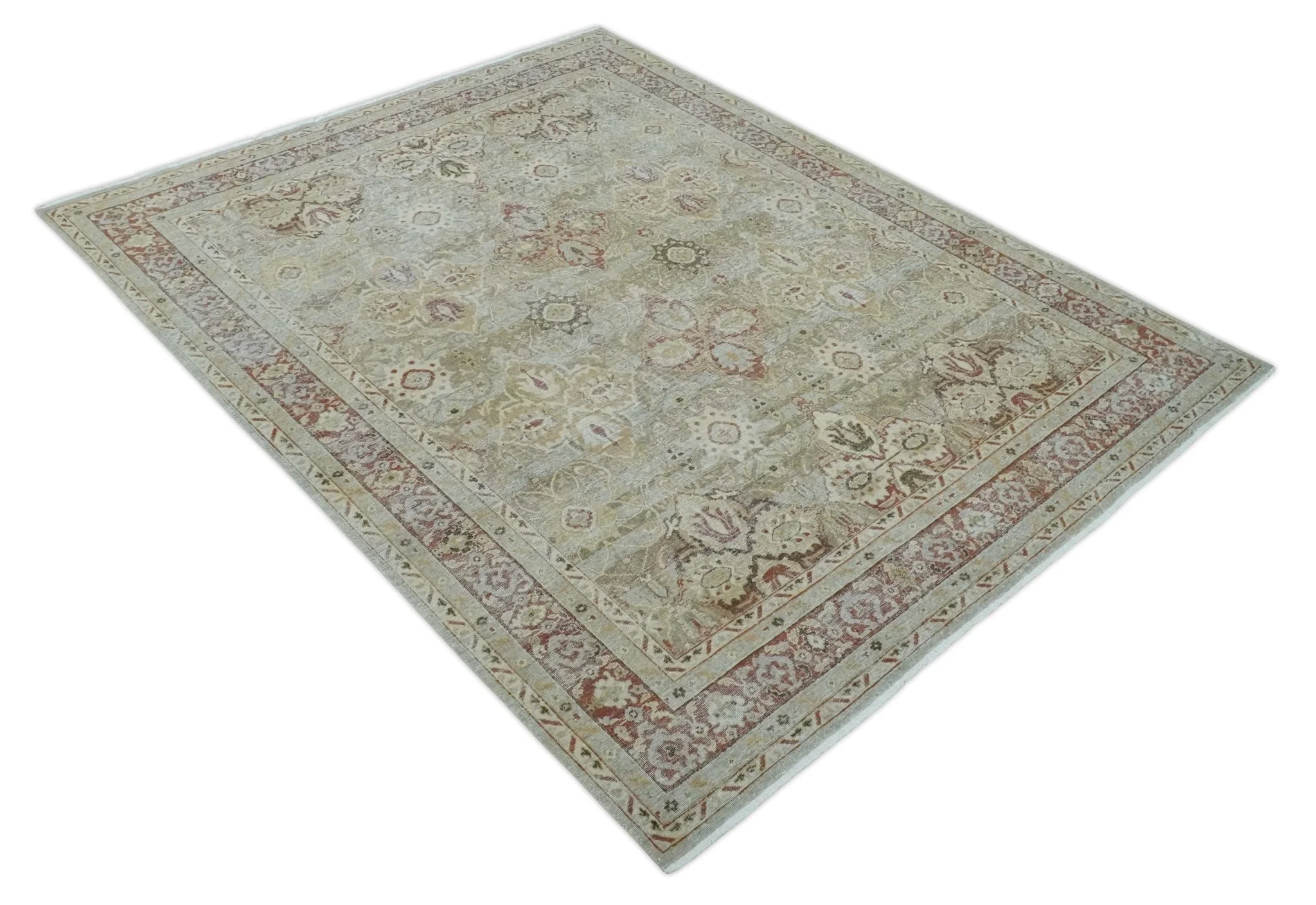 Custom Made Hand Knotted Olive and Rust Distressed Traditional Antique Look Wool Rug - Image 8