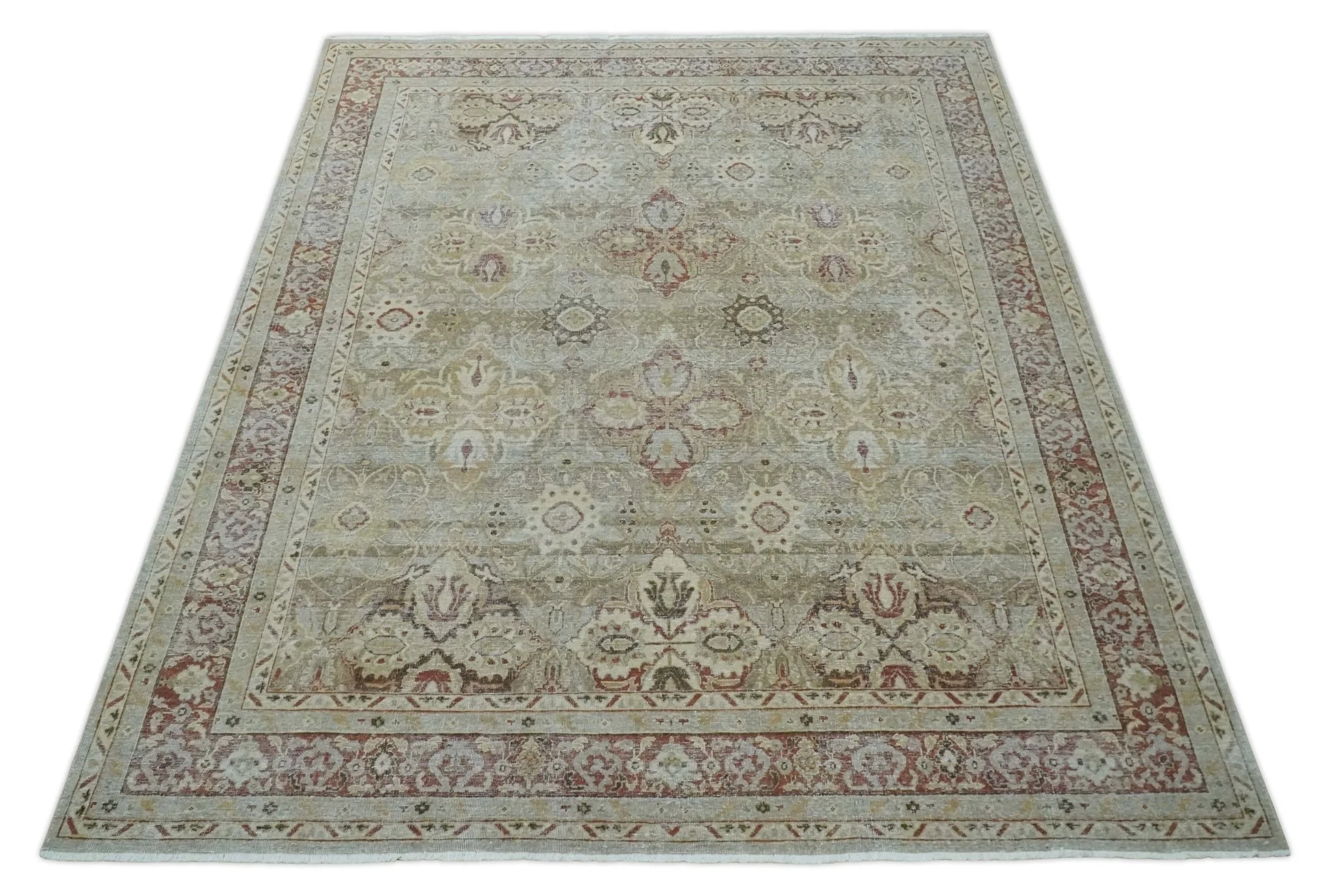 Custom Made Hand Knotted Olive and Rust Distressed Traditional Antique Look Wool Rug - Image 9
