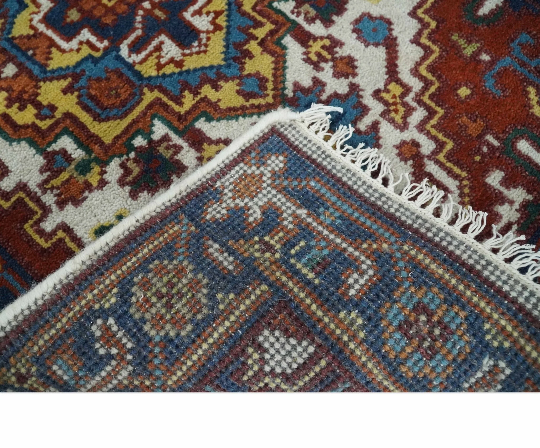 2.6x6 Hand knotted Gold, Ivory, Brown and Blue Traditional wool Area Rug - Image 5