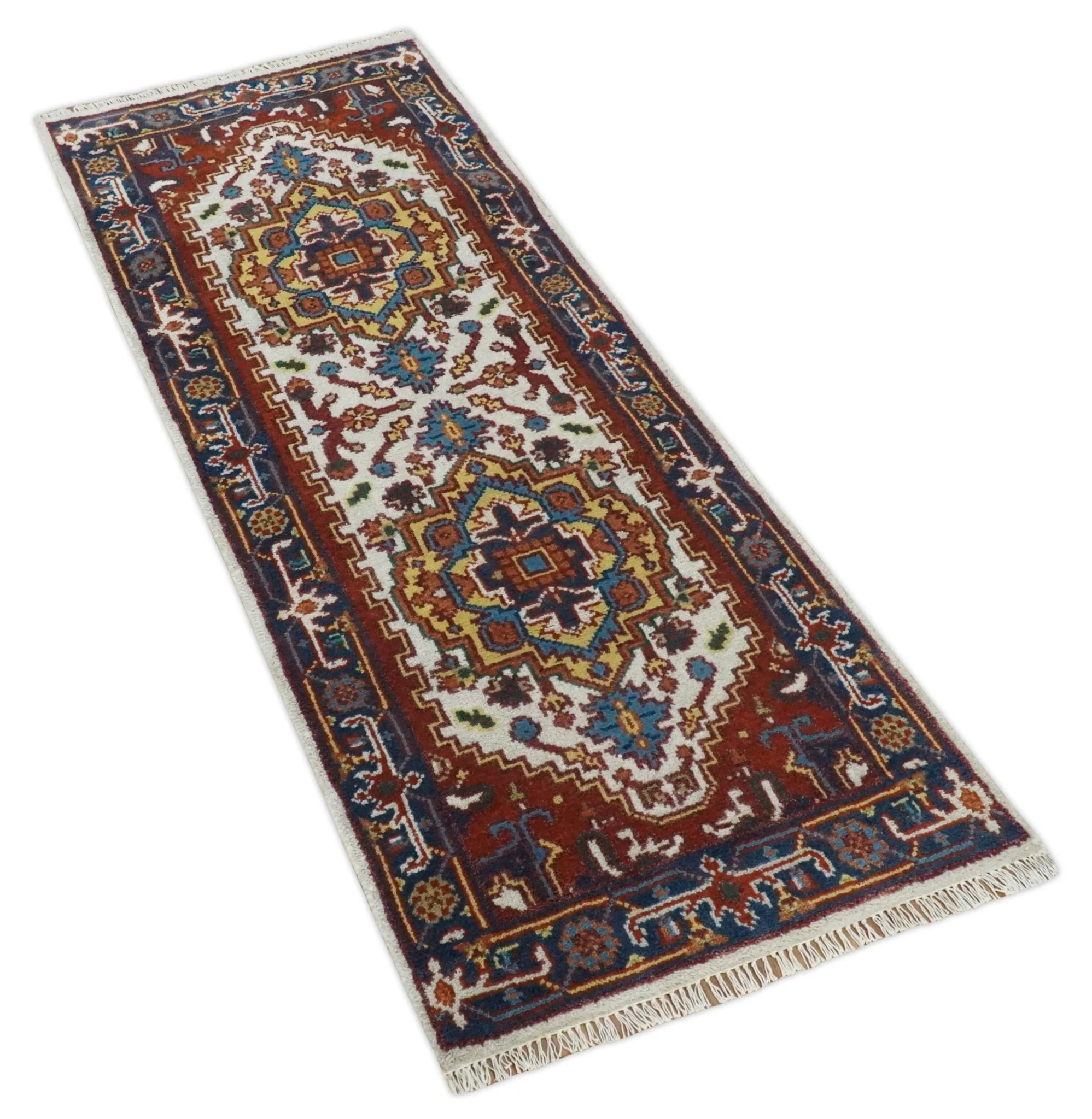 2.6x6 Hand knotted Gold, Ivory, Brown and Blue Traditional wool Area Rug - Image 8