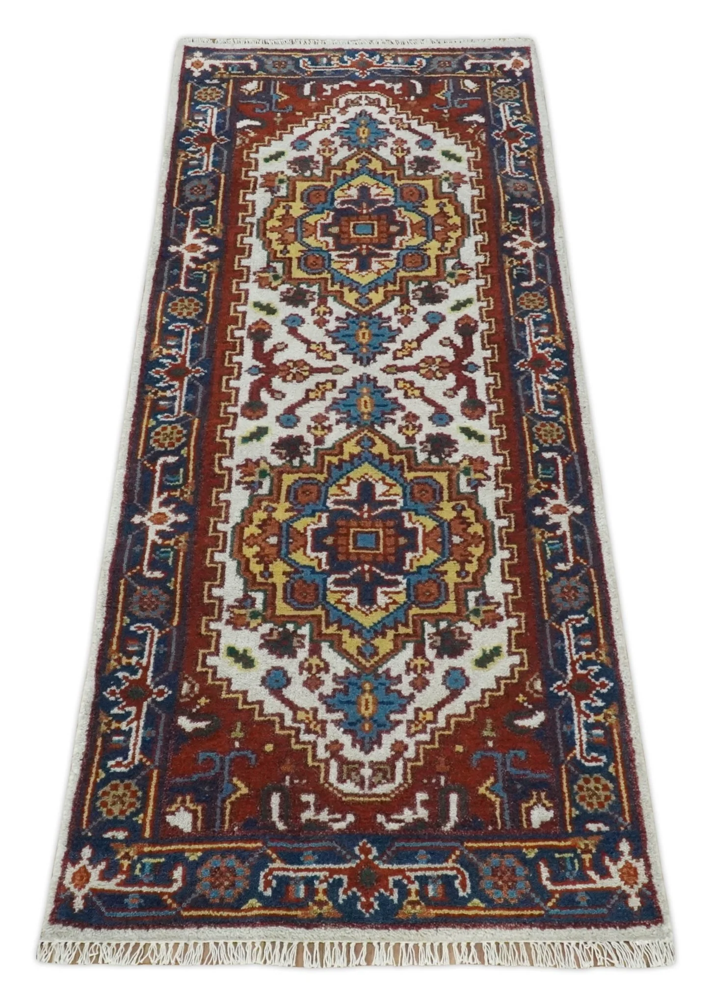 2.6x6 Hand knotted Gold, Ivory, Brown and Blue Traditional wool Area Rug - Image 9