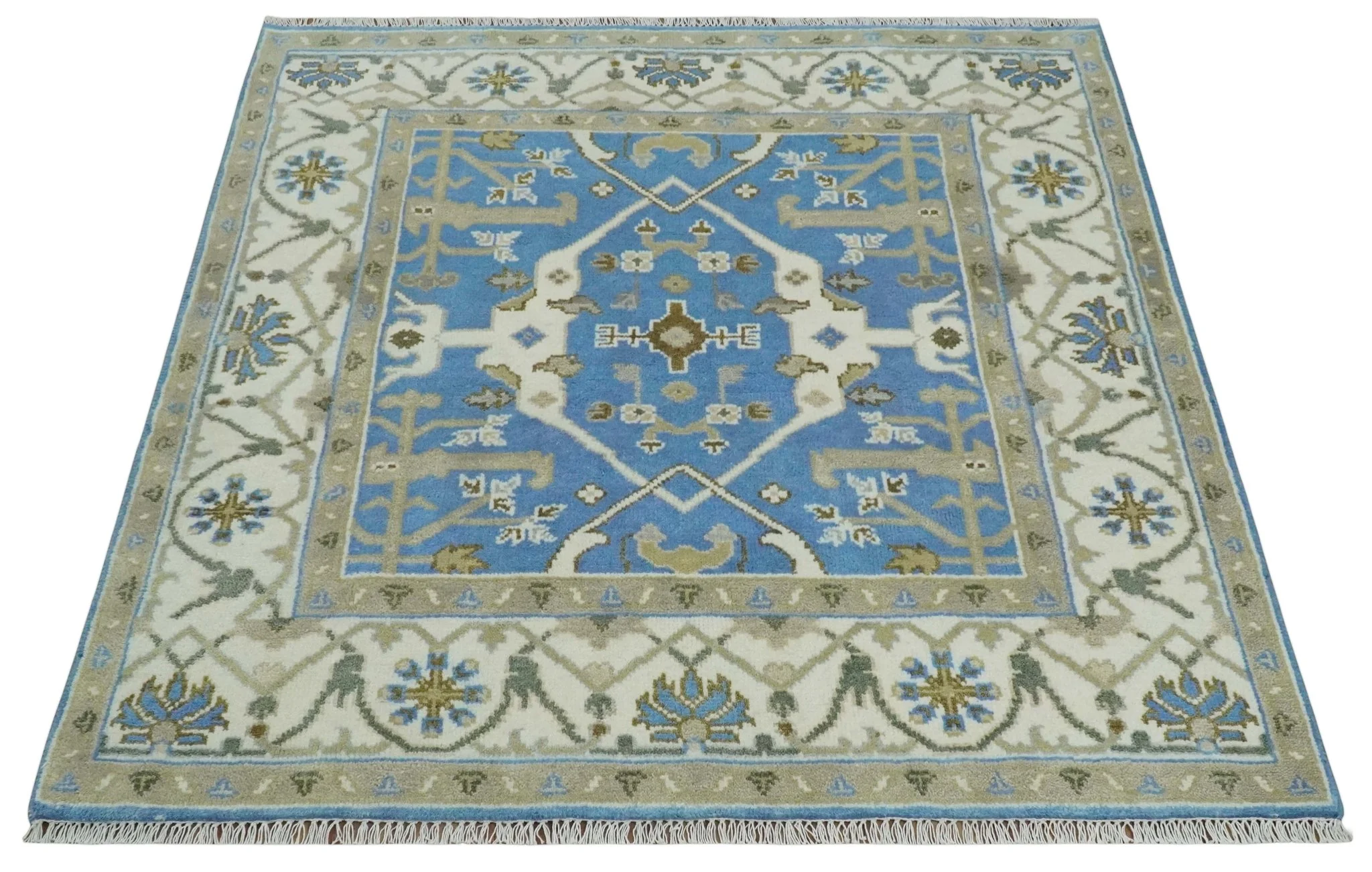 Custom Made Hand Knotted Oriental Oushak Blue and Ivory Wool Area Rug - Image 10
