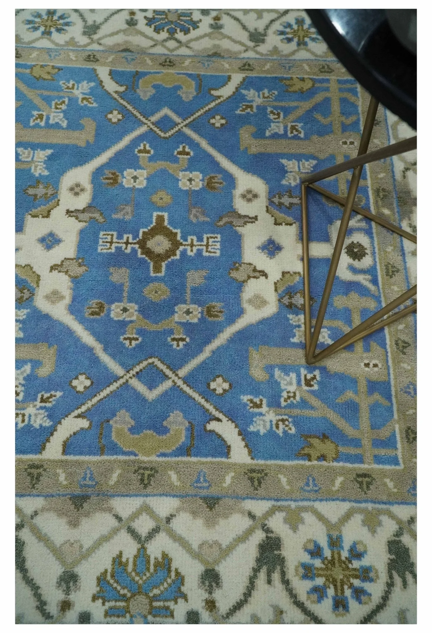 Custom Made Hand Knotted Oriental Oushak Blue and Ivory Wool Area Rug - Image 2