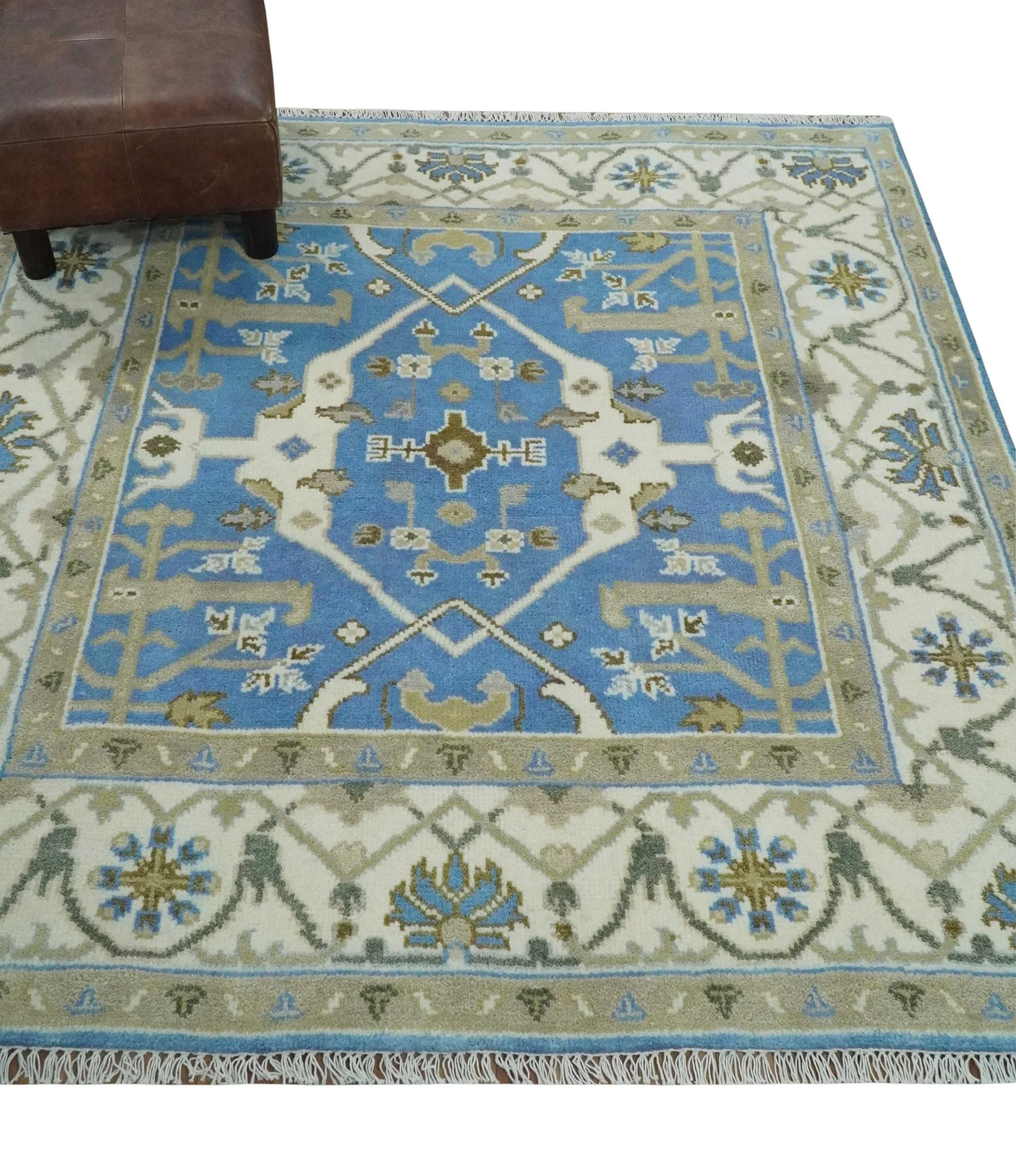 Custom Made Hand Knotted Oriental Oushak Blue and Ivory Wool Area Rug - Image 3