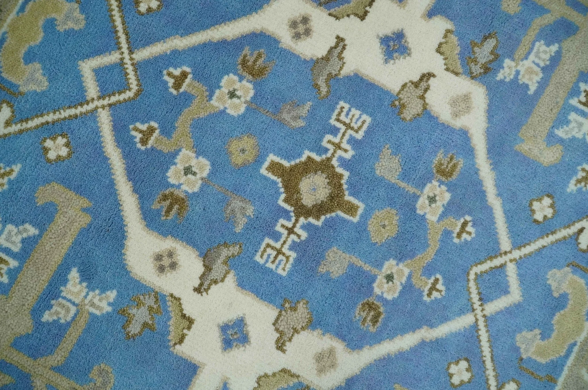 Custom Made Hand Knotted Oriental Oushak Blue and Ivory Wool Area Rug - Image 4