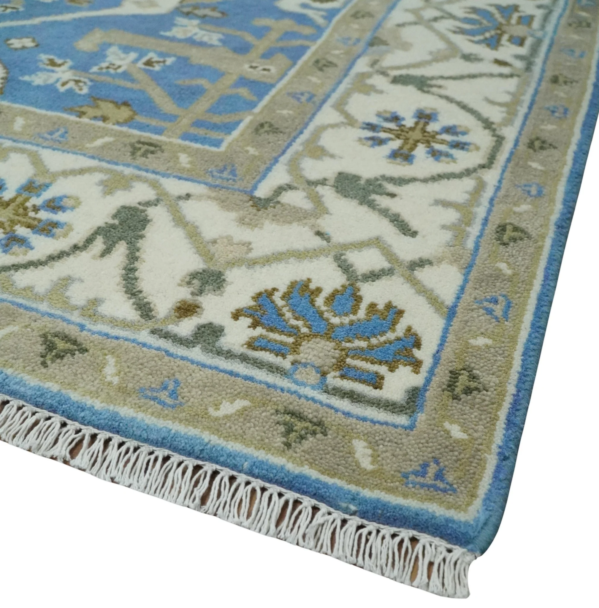 Custom Made Hand Knotted Oriental Oushak Blue and Ivory Wool Area Rug - Image 5