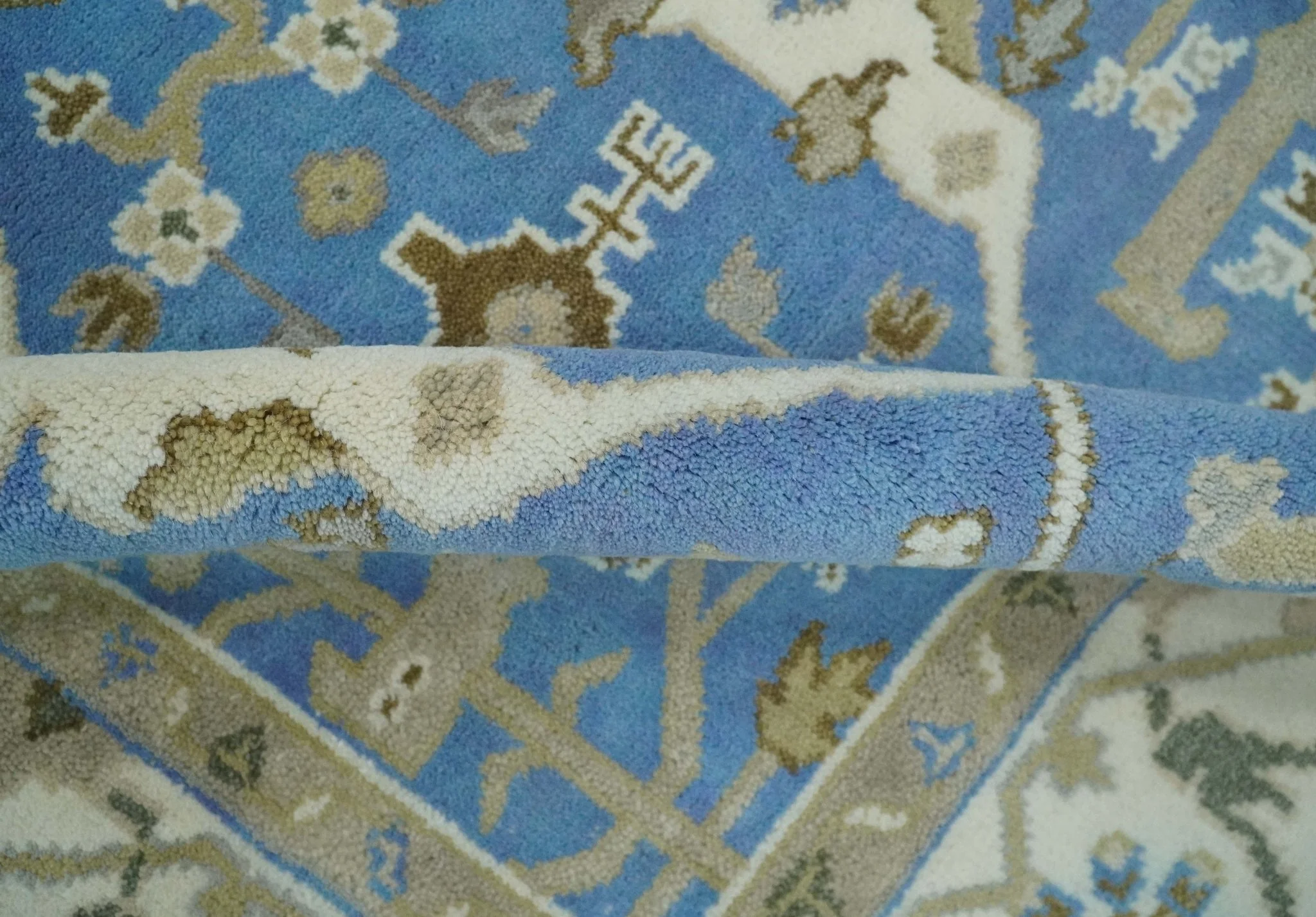 Custom Made Hand Knotted Oriental Oushak Blue and Ivory Wool Area Rug - Image 6