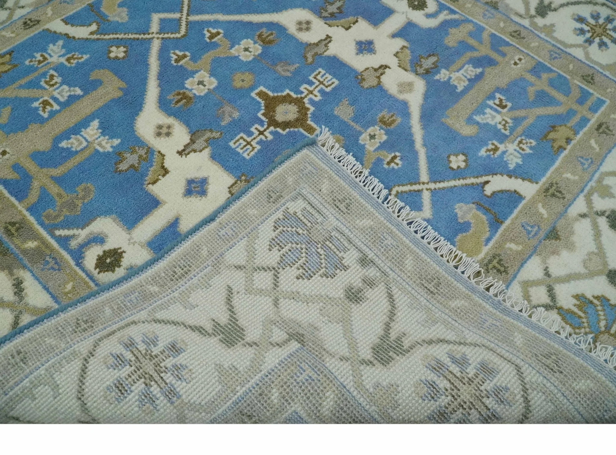 Custom Made Hand Knotted Oriental Oushak Blue and Ivory Wool Area Rug - Image 7