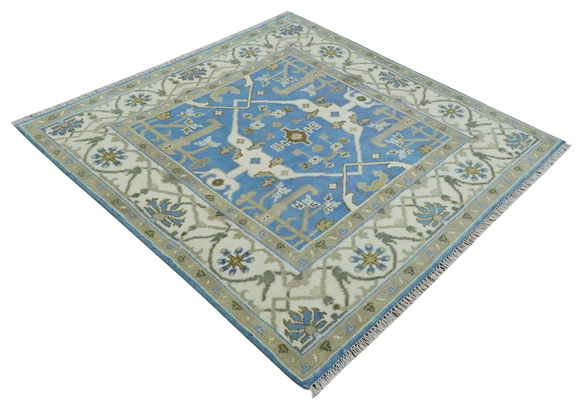 Custom Made Hand Knotted Oriental Oushak Blue and Ivory Wool Area Rug - Image 9