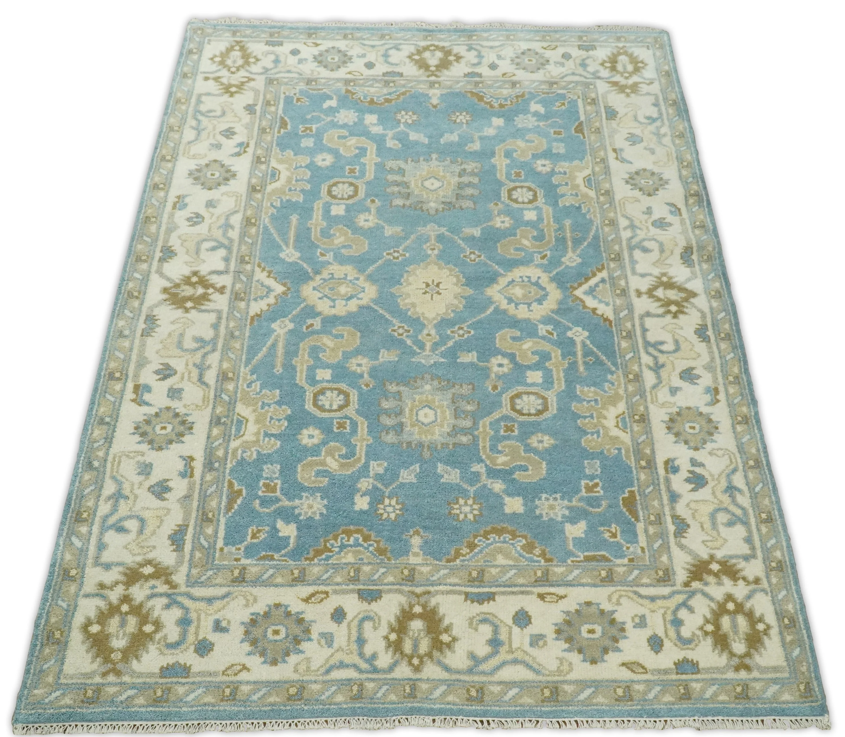 Hand Knotted 6x9  Oushak Light Blue and Beige Wool Area Rug | TRDCP1069 - Image 3