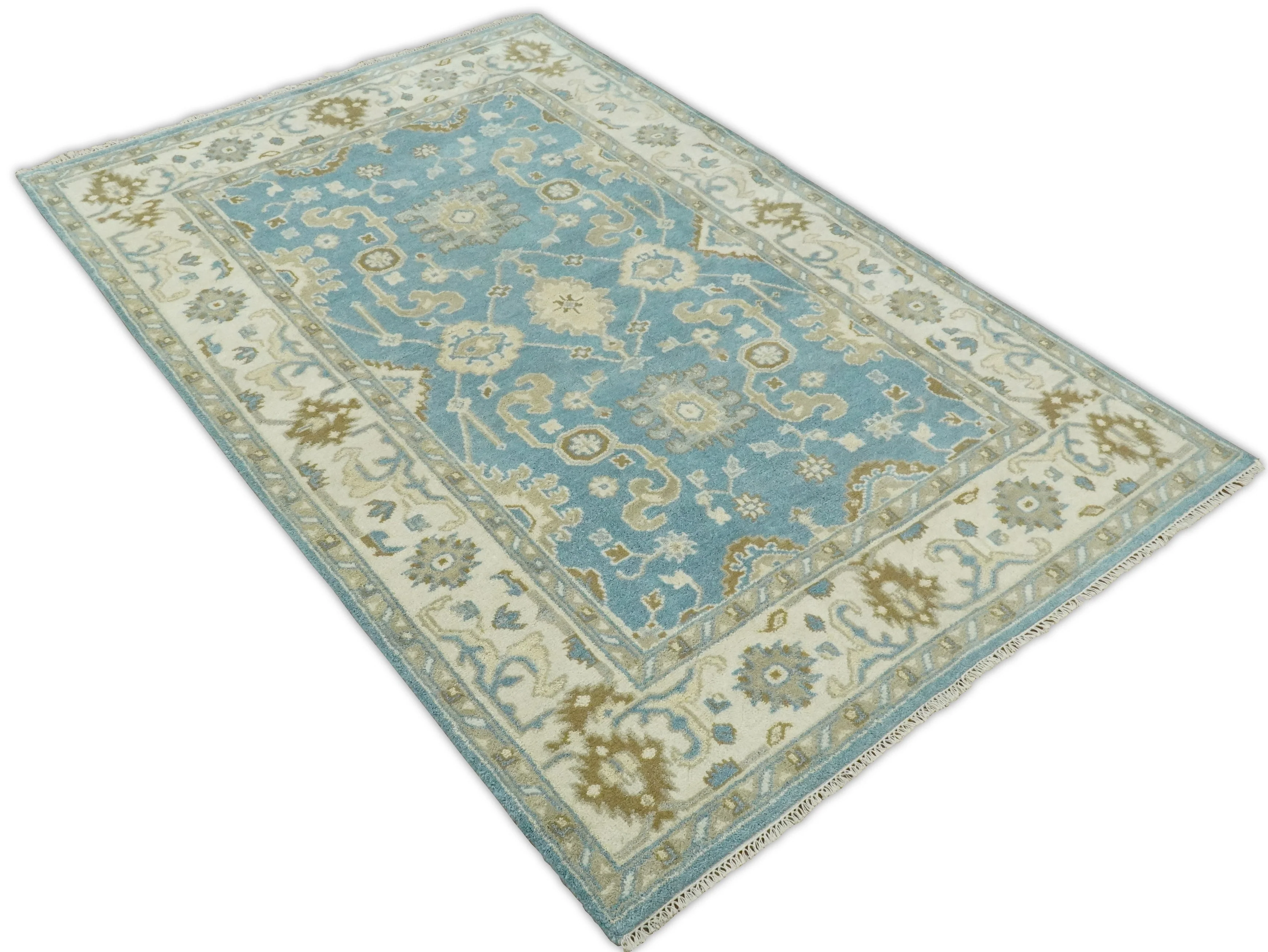 Hand Knotted 6x9  Oushak Light Blue and Beige Wool Area Rug | TRDCP1069 - Image 7