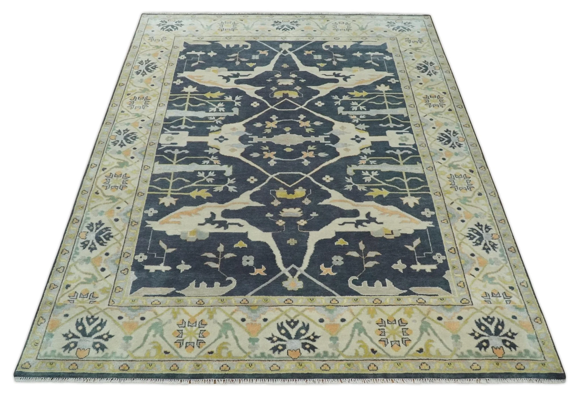 Custom Made Hand Knotted Oriental Oushak Charcoal, Ivory and Olive Wool Area Rug - Image 10