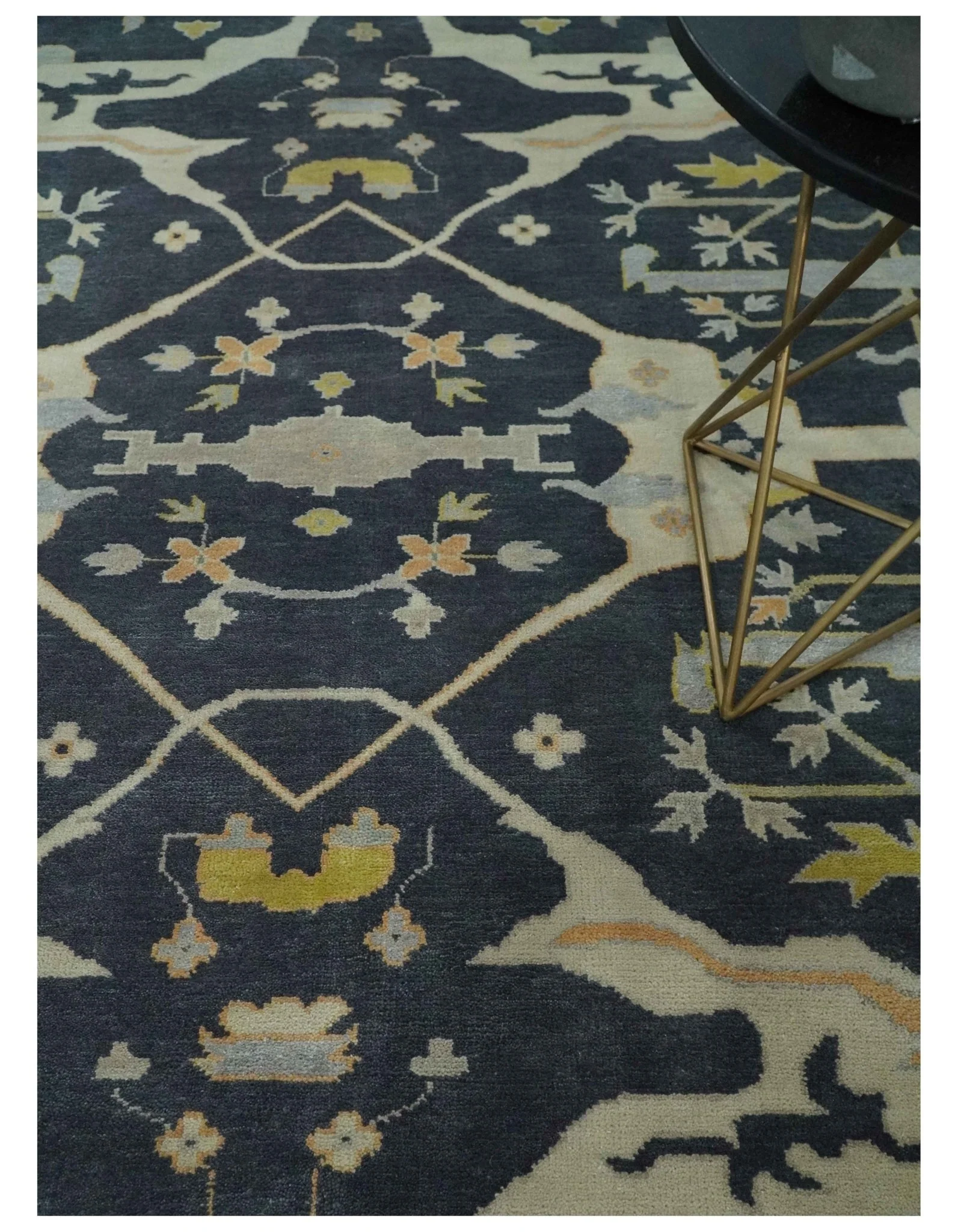 Custom Made Hand Knotted Oriental Oushak Charcoal, Ivory and Olive Wool Area Rug - Image 2