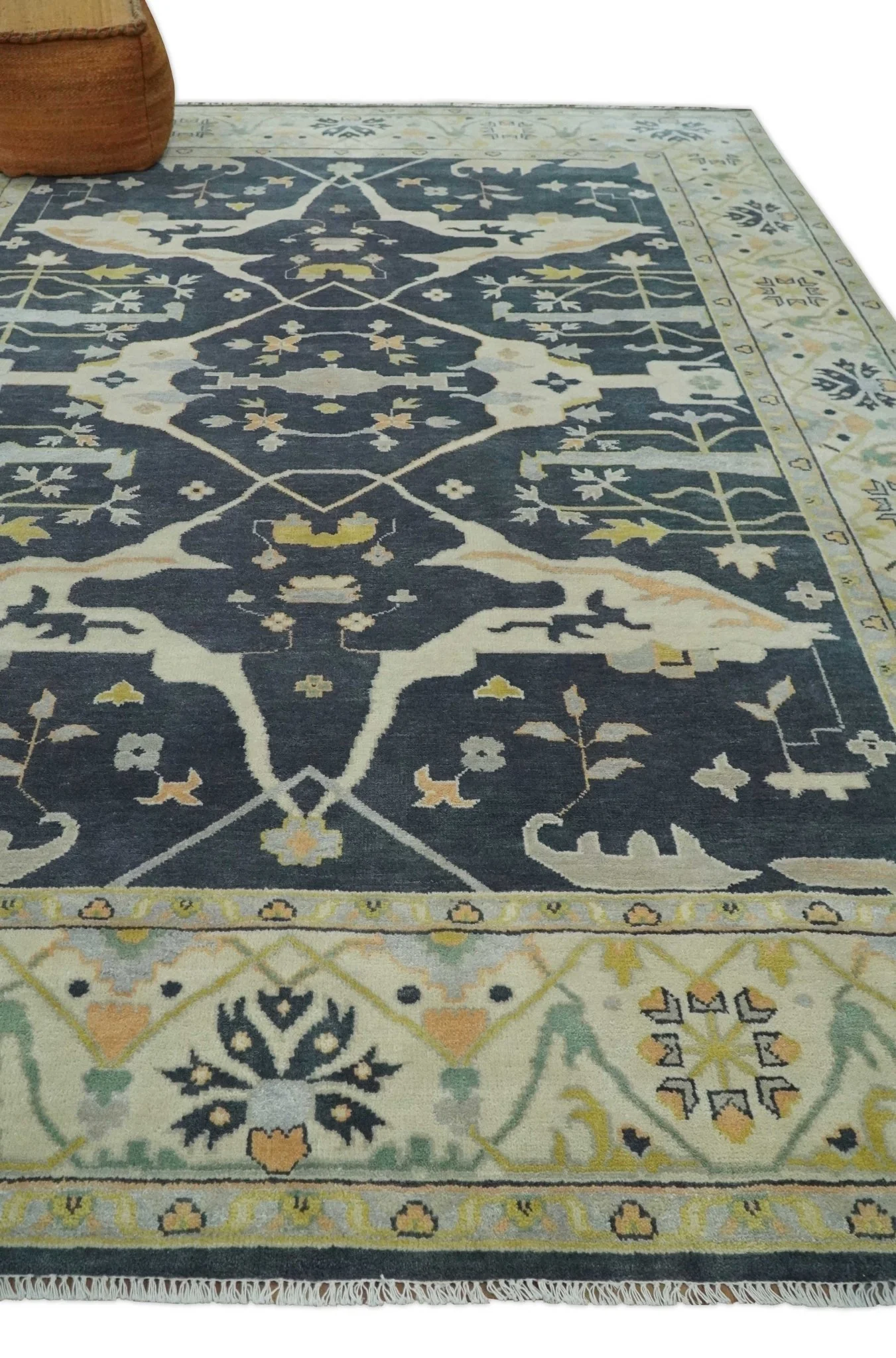 Custom Made Hand Knotted Oriental Oushak Charcoal, Ivory and Olive Wool Area Rug - Image 3