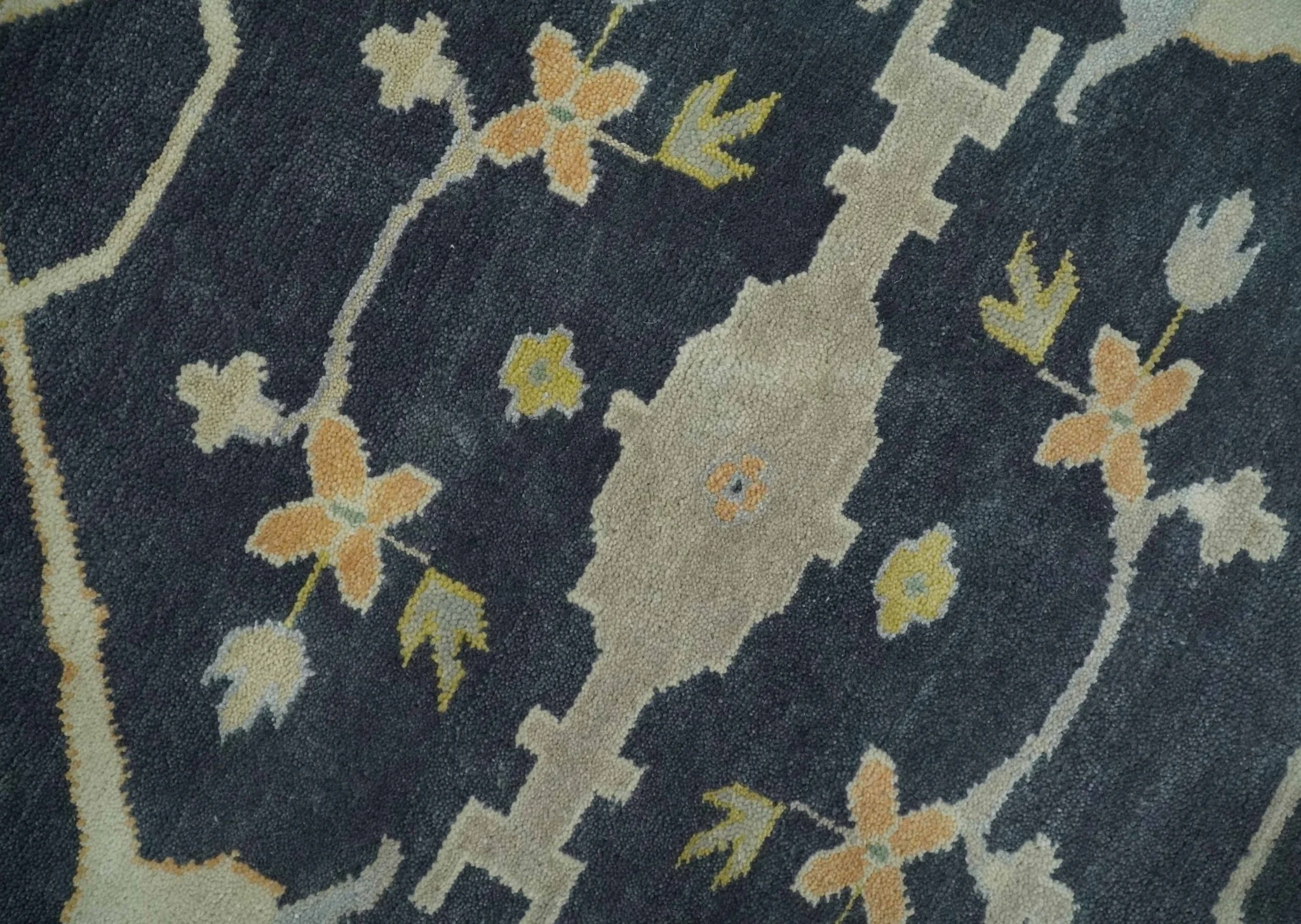 Custom Made Hand Knotted Oriental Oushak Charcoal, Ivory and Olive Wool Area Rug - Image 4