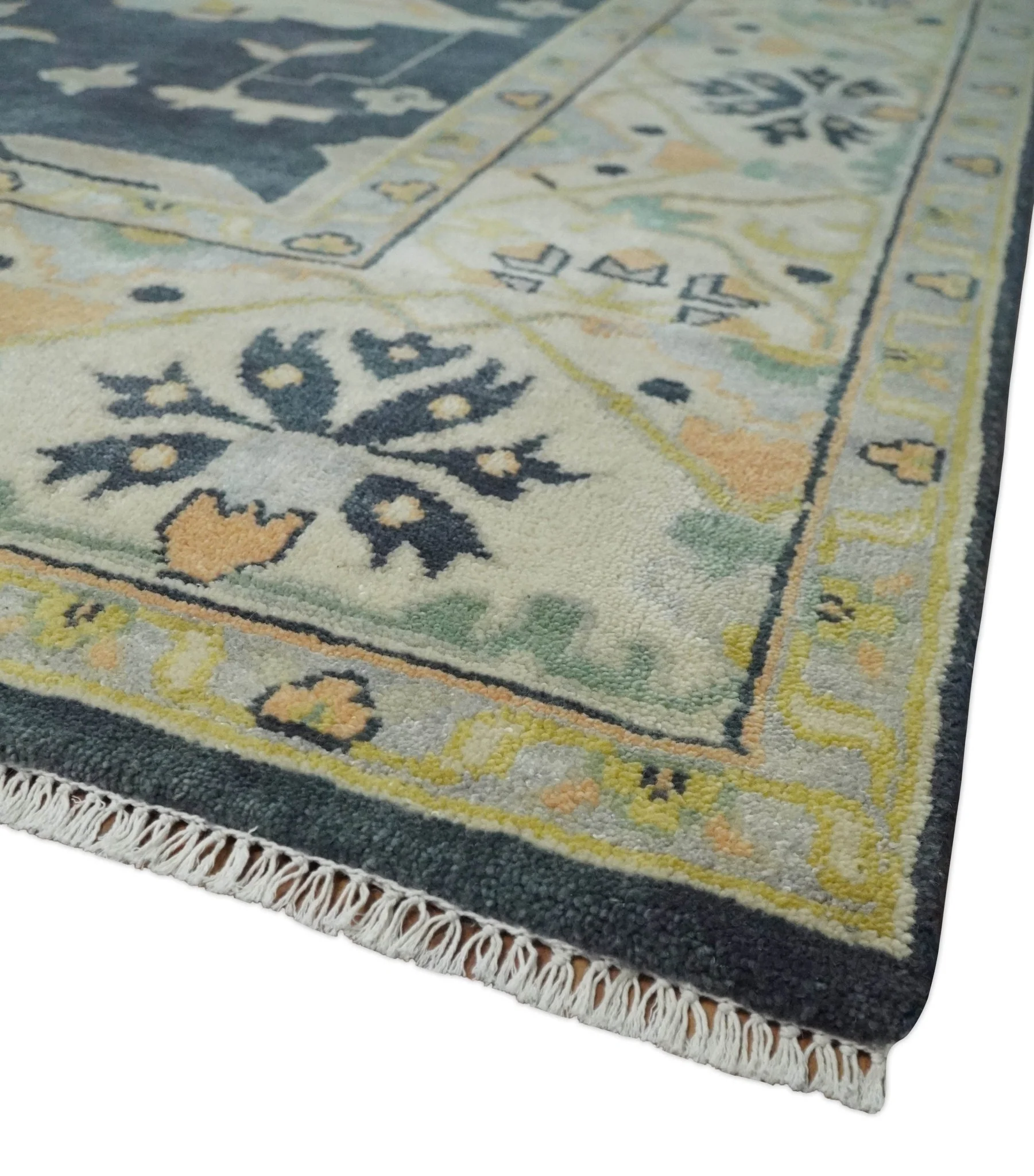Custom Made Hand Knotted Oriental Oushak Charcoal, Ivory and Olive Wool Area Rug - Image 5