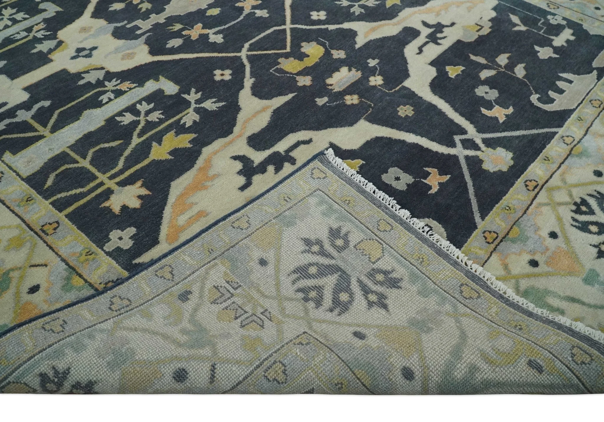 Custom Made Hand Knotted Oriental Oushak Charcoal, Ivory and Olive Wool Area Rug - Image 6