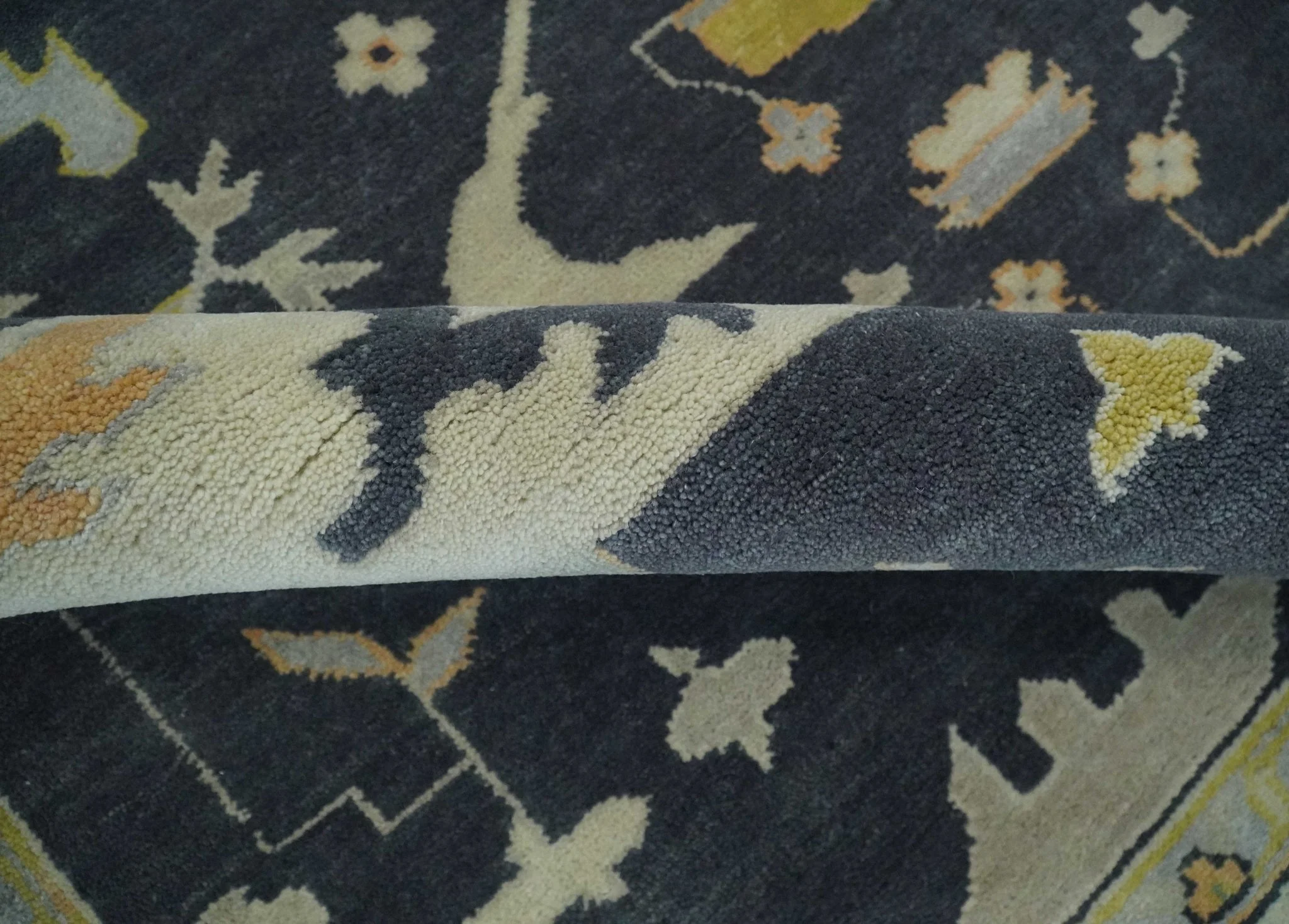 Custom Made Hand Knotted Oriental Oushak Charcoal, Ivory and Olive Wool Area Rug - Image 7