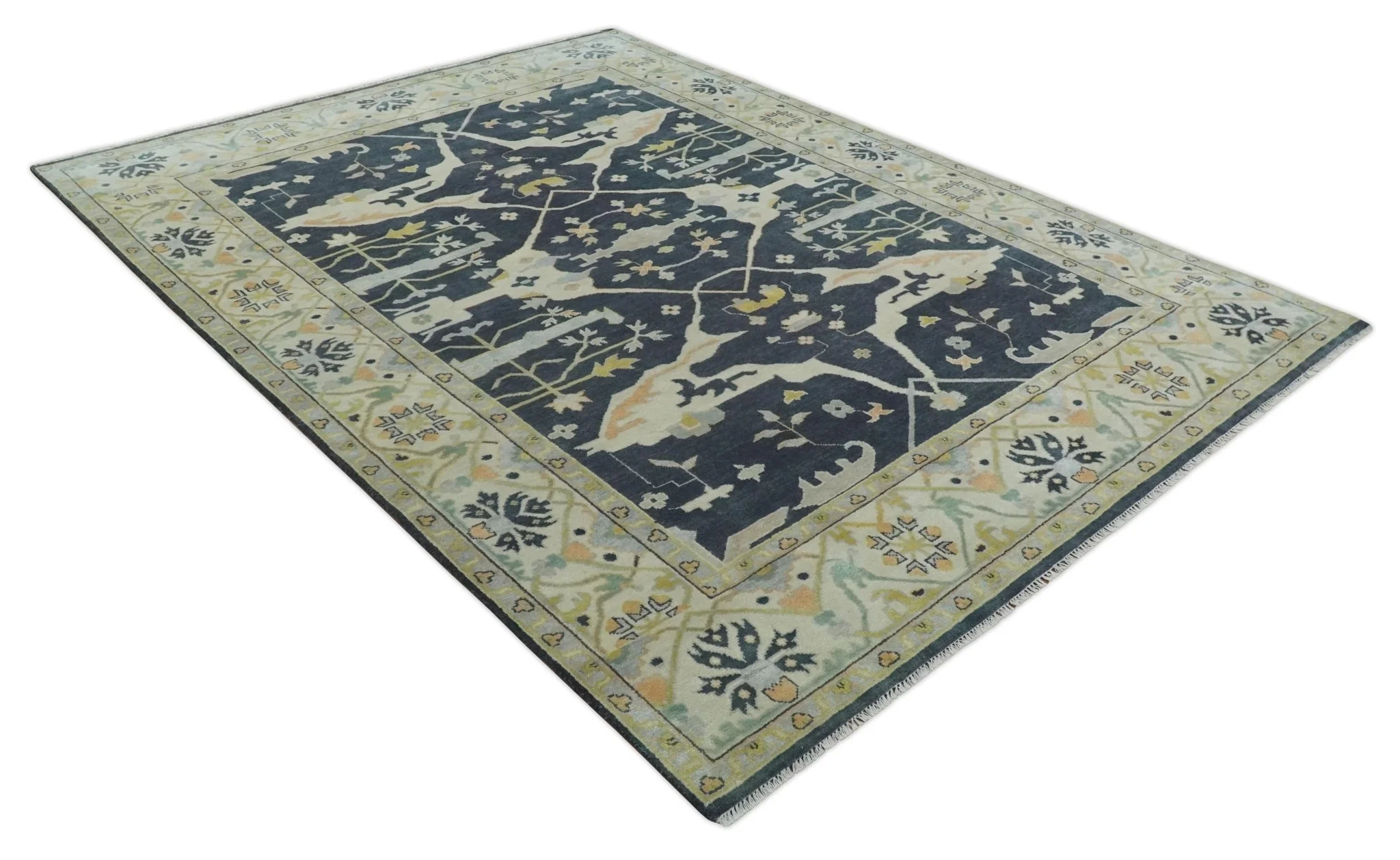Custom Made Hand Knotted Oriental Oushak Charcoal, Ivory and Olive Wool Area Rug - Image 9