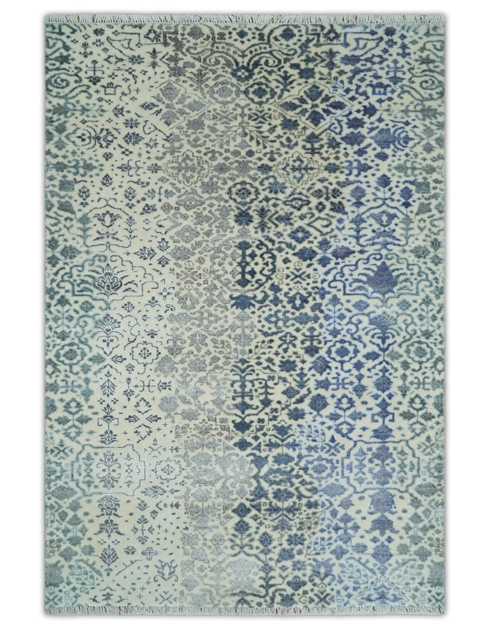Woolen Modern Contemporray Wool Beige, Blue and Silver Hand knotted Rug - Image 11