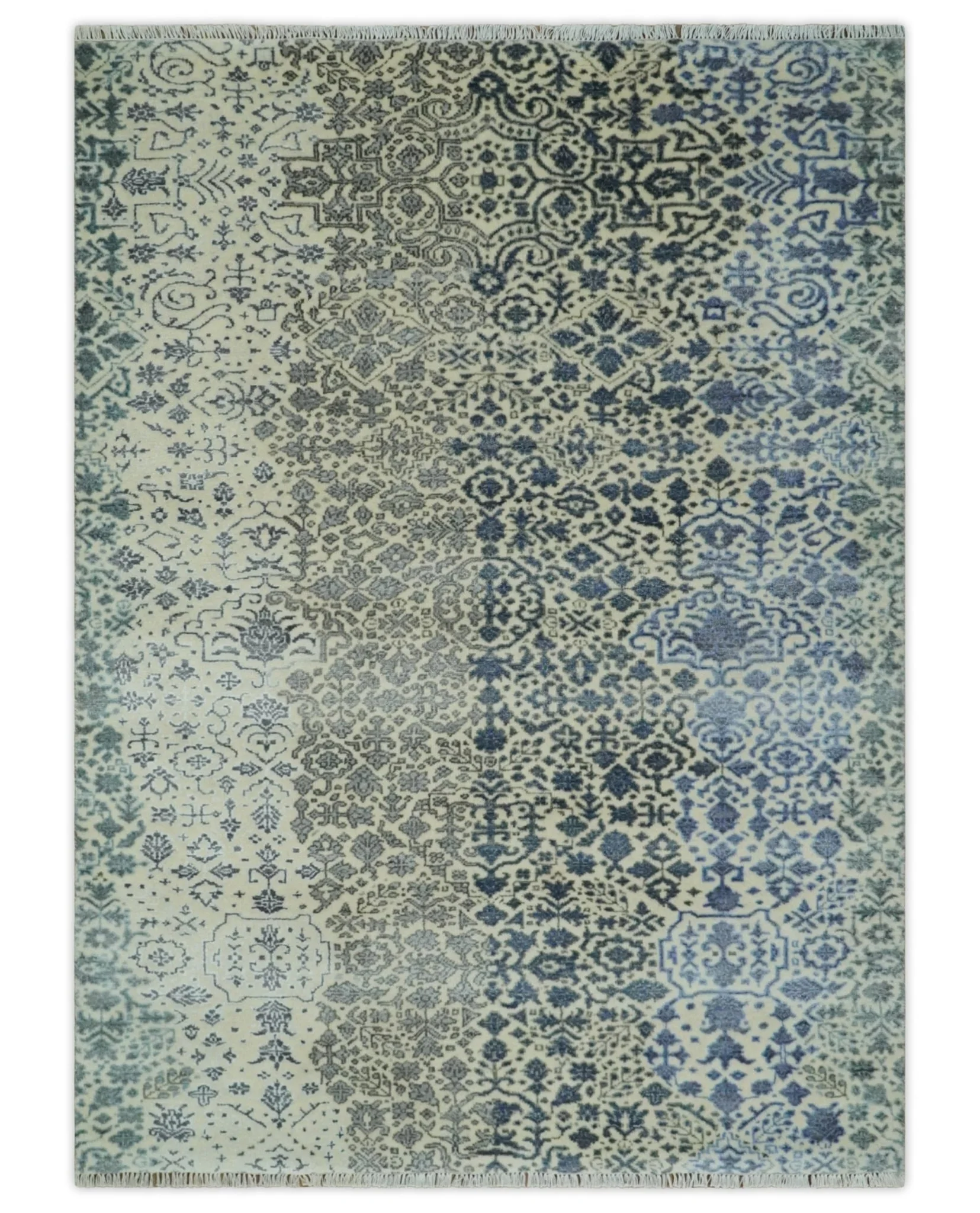 Woolen Modern Contemporray Wool Beige, Blue and Silver Hand knotted Rug - Image 12