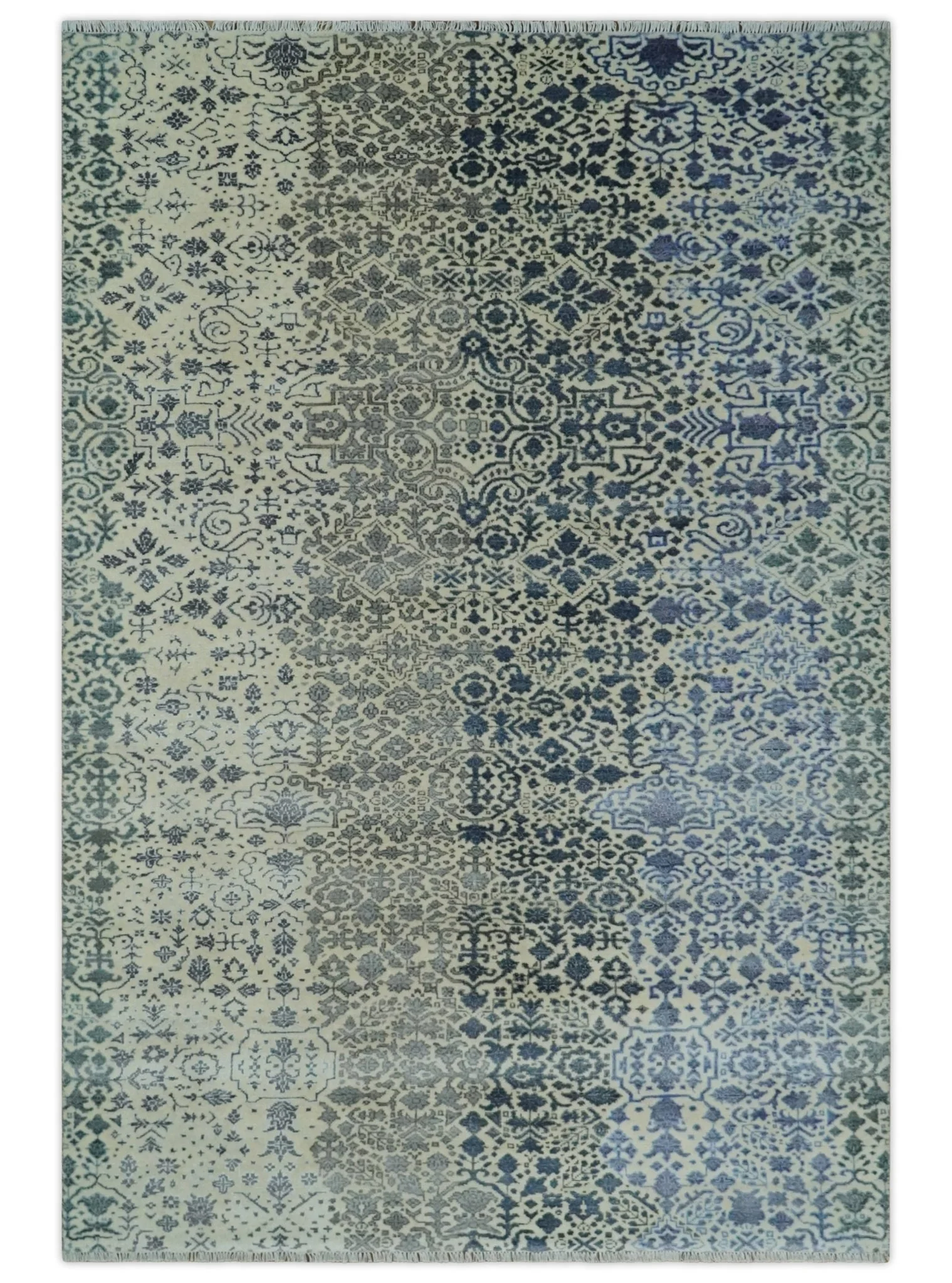 Woolen Modern Contemporray Wool Beige, Blue and Silver Hand knotted Rug - Image 13