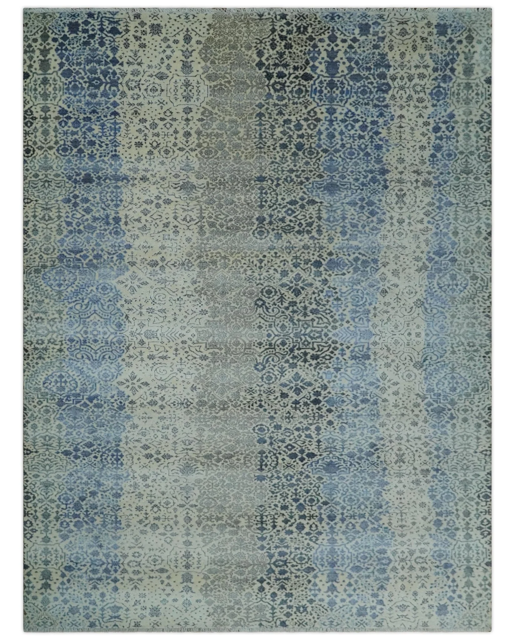 Woolen Modern Contemporray Wool Beige, Blue and Silver Hand knotted Rug - Image 14