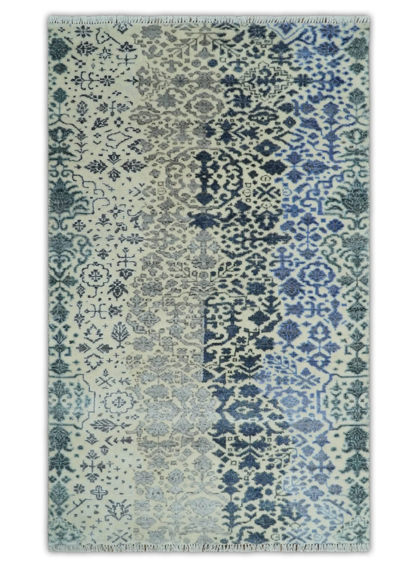 Woolen Modern Contemporray Wool Beige, Blue and Silver Hand knotted Rug - Image 15