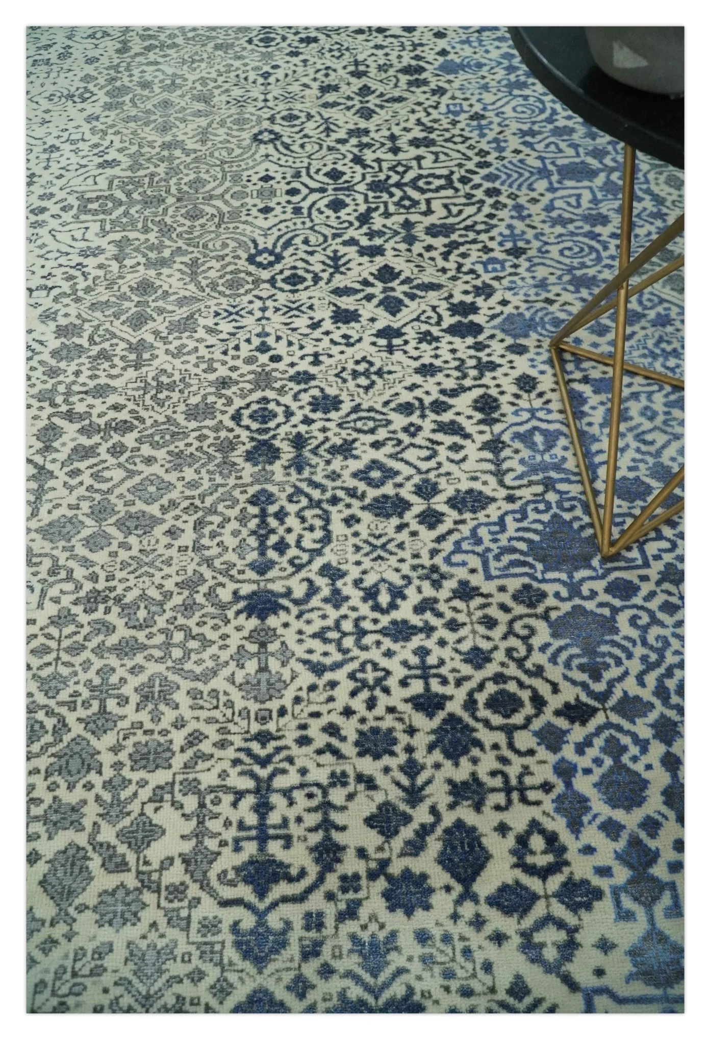 Woolen Modern Contemporray Wool Beige, Blue and Silver Hand knotted Rug - Image 2