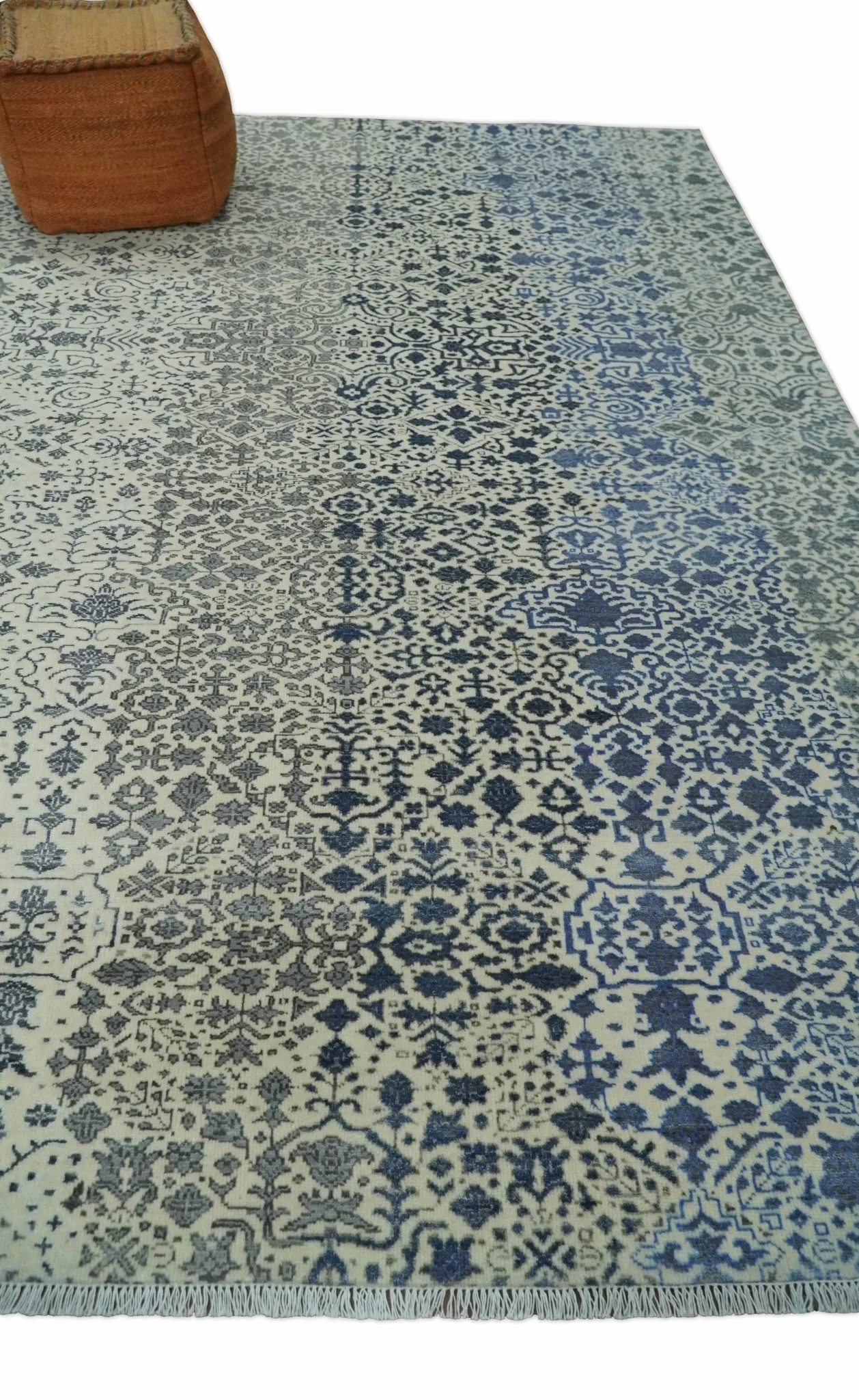Woolen Modern Contemporray Wool Beige, Blue and Silver Hand knotted Rug - Image 3