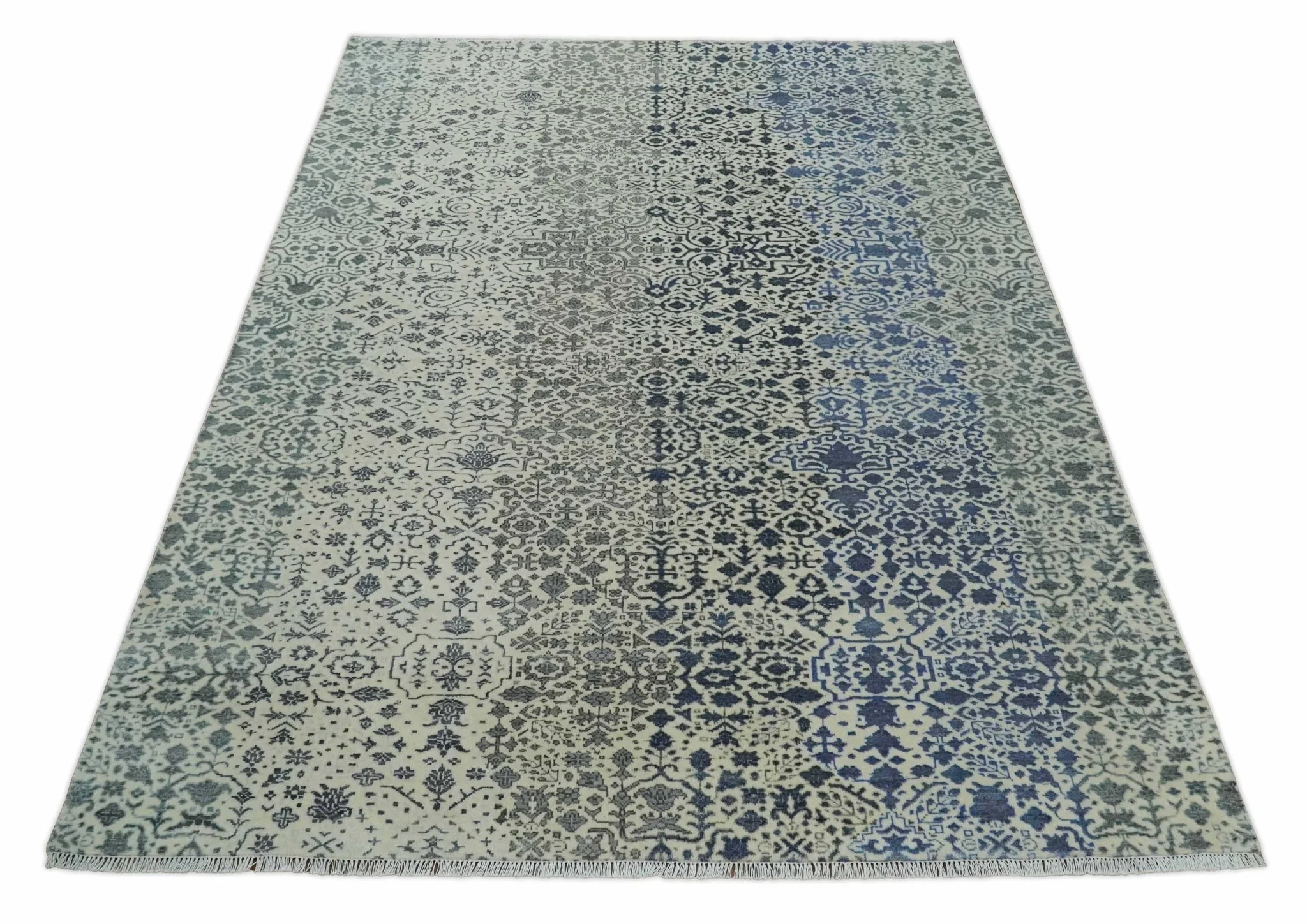 Woolen Modern Contemporray Wool Beige, Blue and Silver Hand knotted Rug - Image 6