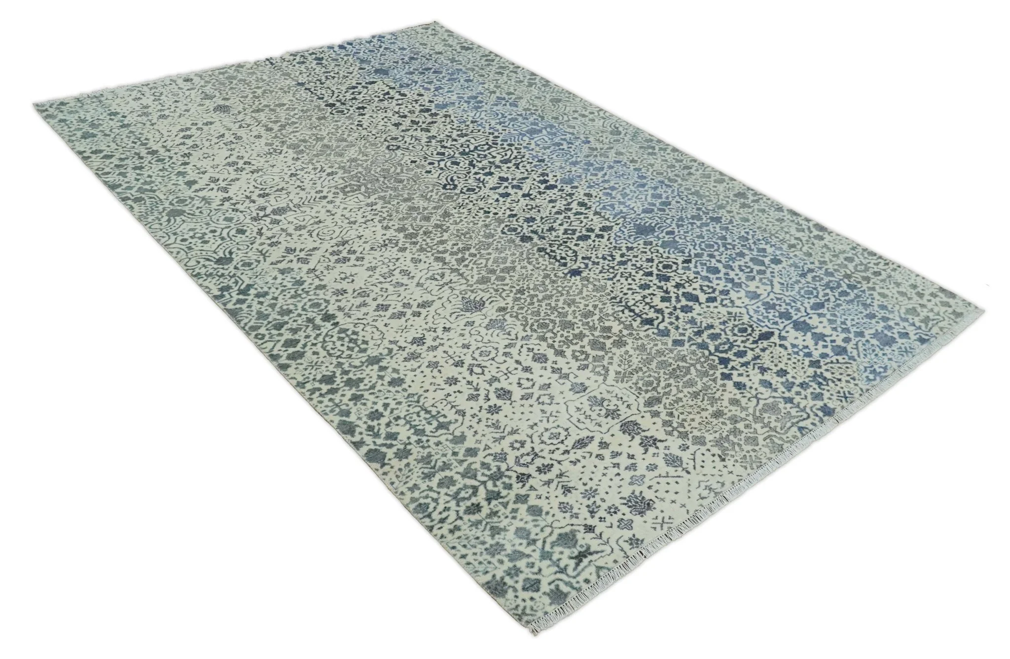 Woolen Modern Contemporray Wool Beige, Blue and Silver Hand knotted Rug - Image 7