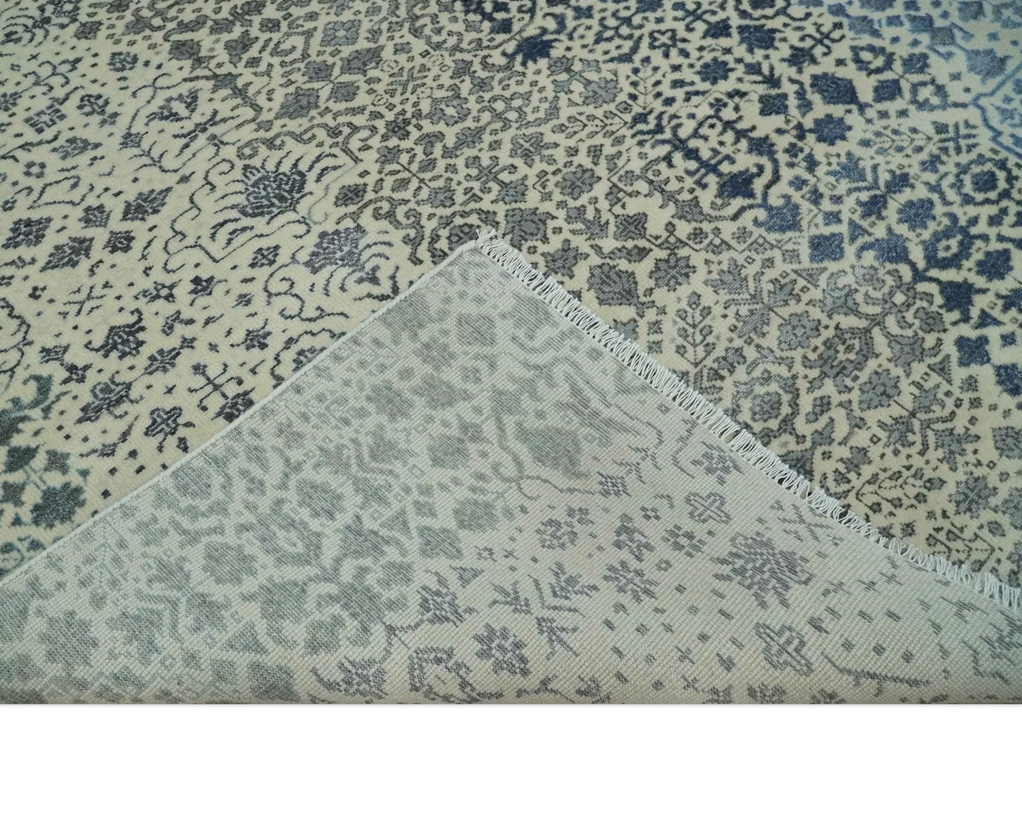 Woolen Modern Contemporray Wool Beige, Blue and Silver Hand knotted Rug - Image 9