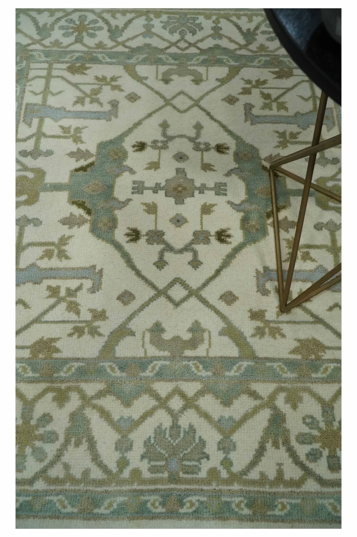 Hand Knotted Oriental Oushak Ivory and Teal Wool Area Rug - Image 2