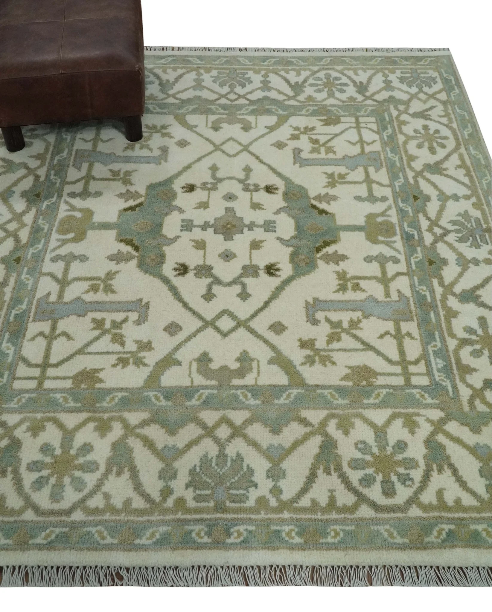 Hand Knotted Oriental Oushak Ivory and Teal Wool Area Rug - Image 3